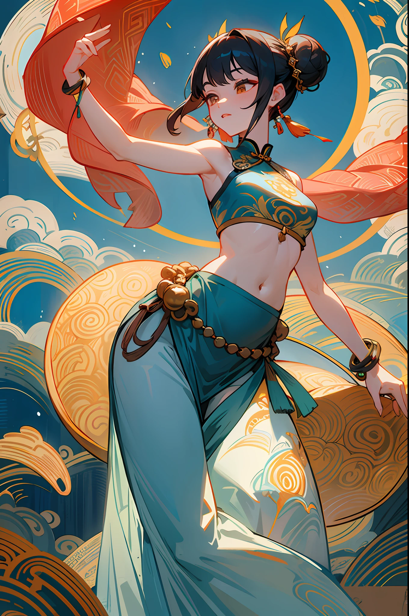 An ancient Chinese beauty stands and dances on the water, gorgeous costumes embroidered with intricate embroidery, flowing tulle, transparent long colorful ribbons tied on the arms, inspired by Dunhuang Flying Apsaras murals, showing navel, bare shoulders, bare neck, Black curly hair in a high bun with flower hairpins, ribbons on arm rings, wreaths, bracelets, anklets, metal chain tassels on the waist, Mogao Grottoes art, ink painting, cgstation pop
