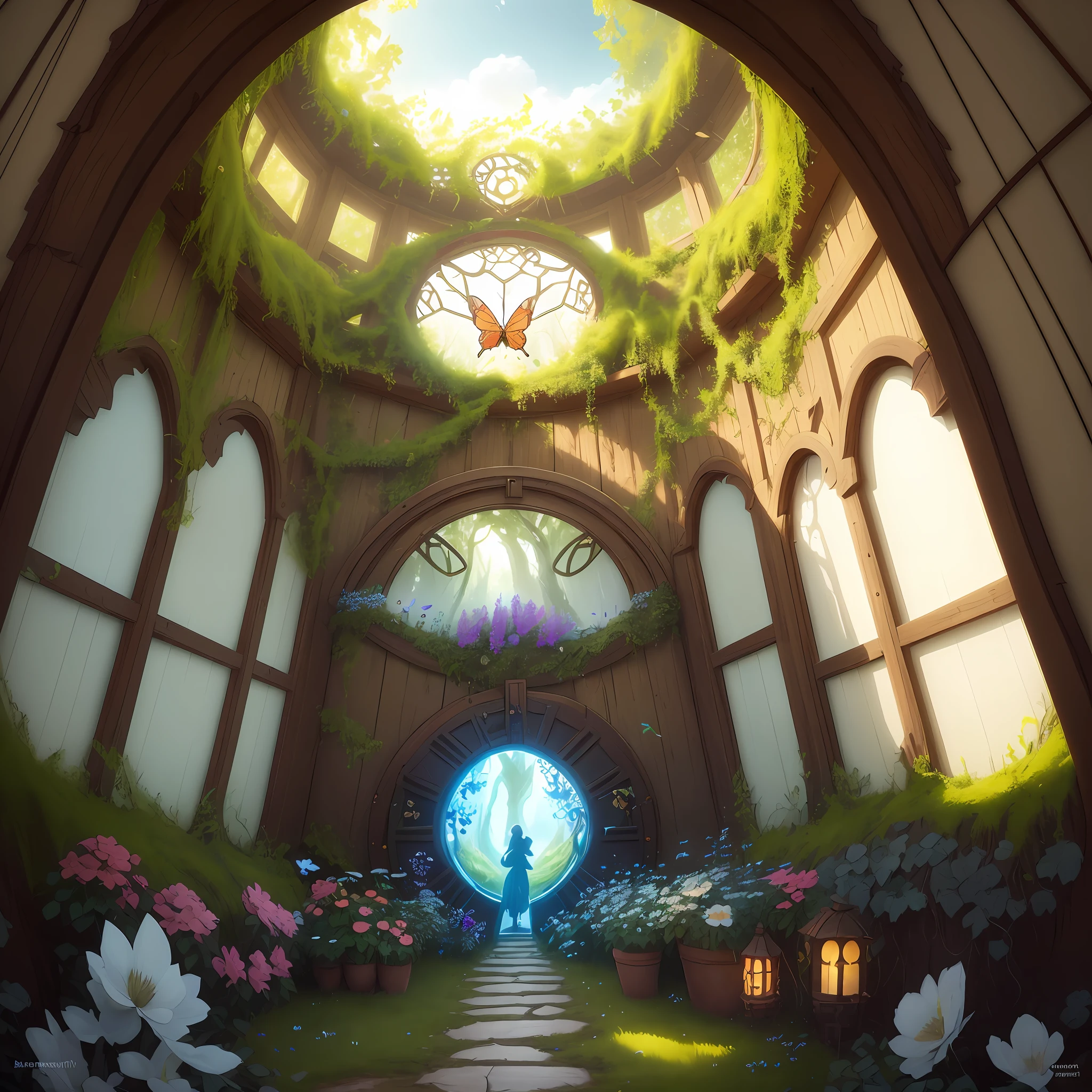 there is a picture of a butterfly and a flower arrangement, anton fadeev 8 k, in a nest, all enclosed in a circle, gate, inspired by Robert Edmonstone, dynamic folds, broken forests, inspired by Michael James Smith, connected to nature via vines, worm hole, cgsociety - n 5, art-gem, artfact