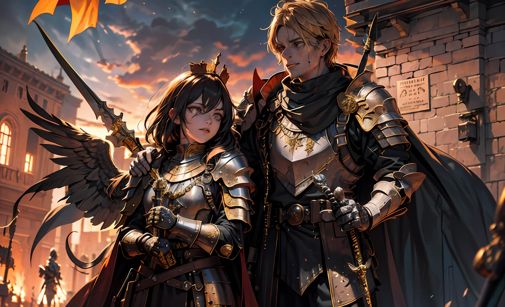 (masterpiece:1.2, best quality:1.1),8K,intricate details,HD,best illustration,wall-paper,intricate details,8K Hd wallpaper:1.6
1girl,yo,Golden pupil,((Golden eye)),Golden iris,shine:1.6
Swords and shields, griffins, wings, banners, streamers, emeralds, crowns,The sheen, the detail, the sparks, the ink, the castle, the fire, the sunset,Crusader armor
Metallics, streamers, blood on his face,Chest exposed, broken armor,industrial, dieselpunk, Carved armor:1.4, scratches:1.2, battle damage, wounds