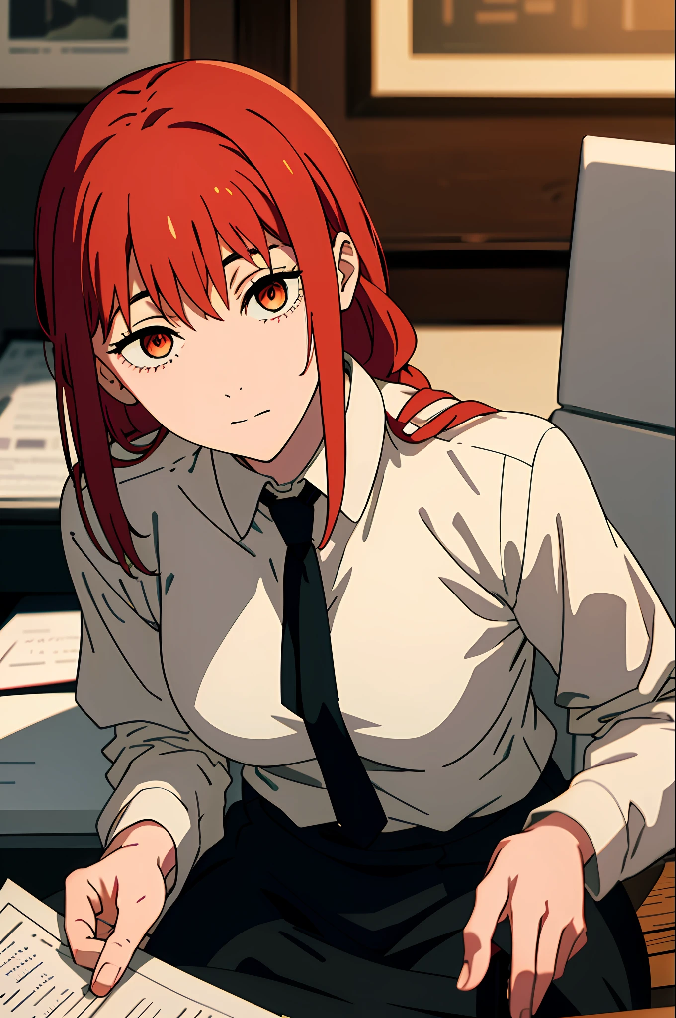 best quality, high resolution, 1girl, makima, pov, holding chain, large breasts, looking at viewer, close up, office, paper, book, black tie, expressionless, sitting, red hair, dark atmosphere