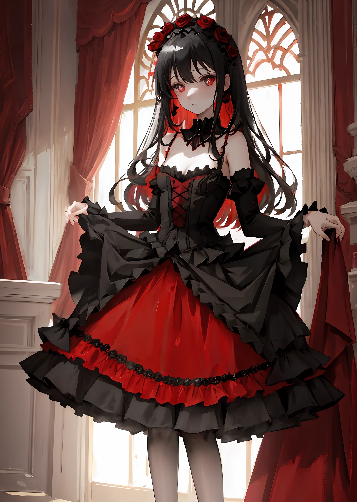 Mainly red and black, the skirt and cuffs have lace patterns, dark Gothic style, the lower part of the red skirt has a circle of black skirt folds, and then a layer of red skirt underneath, so Stacked five layers, there are red and black roses on the side that are opposite to the color of the skirt, bustling and beautiful, girly, black hair, shiny eyes, red pupils, masterpiece, illustration, headgear, ultra-detailed, alone