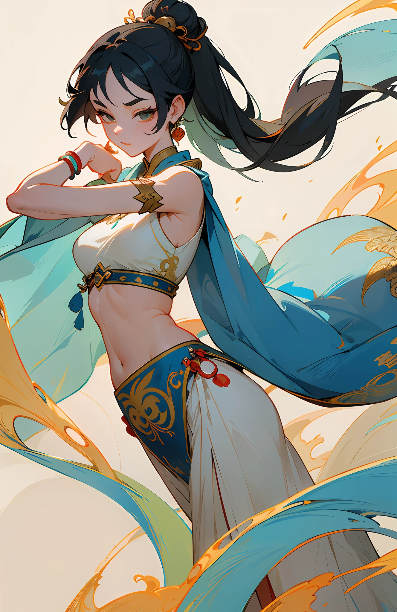 An ancient Chinese beauty in a dancing pose, gorgeous costumes embroidered with intricate embroidery, flowing tulle, transparent long colorful Wu belts on her arms, showing her navel, shoulders, neck, black hair in a high bun Flower hairpins for hair bands, ribbons for arm rings, wreath rings, bracelets, anklets, metal chain tassels around the waist, Mogao Grottoes art, Dunhuang Flying Apsaras mural inspiration, ink wash, cgstation popular, masterpiece, recent quality, high-definition details , 32K