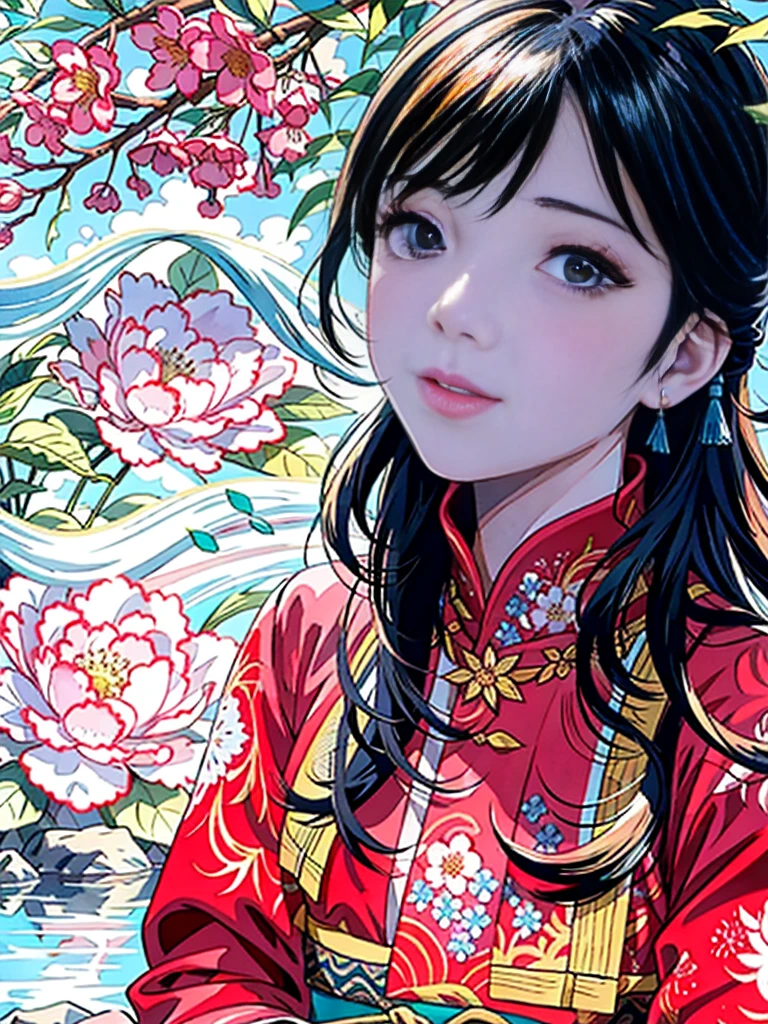 stechu, (white background: 1.4), ((tachi-e)), original, (illustration: 1.1), (best quality), (masterpiece: 1.1), (very detailed CG unity 8k wallpaper: 1.1), ( Color: 0.9), (panoramic shooting: 1.4), (single person: 1.2), (splash ink), (splash color), ((watercolor)), clear and sharp focus, { 1girl standing }, ((korean style )) ,flower background,outdoors,rocks,looking at the viewer,making a happy expression,soft smile,pure,beautiful and delicate face and eyes,delicate clothing pattern details,black hair,black eyes,water color,slender and beautiful neck , delicate face, neat clothes, shut up