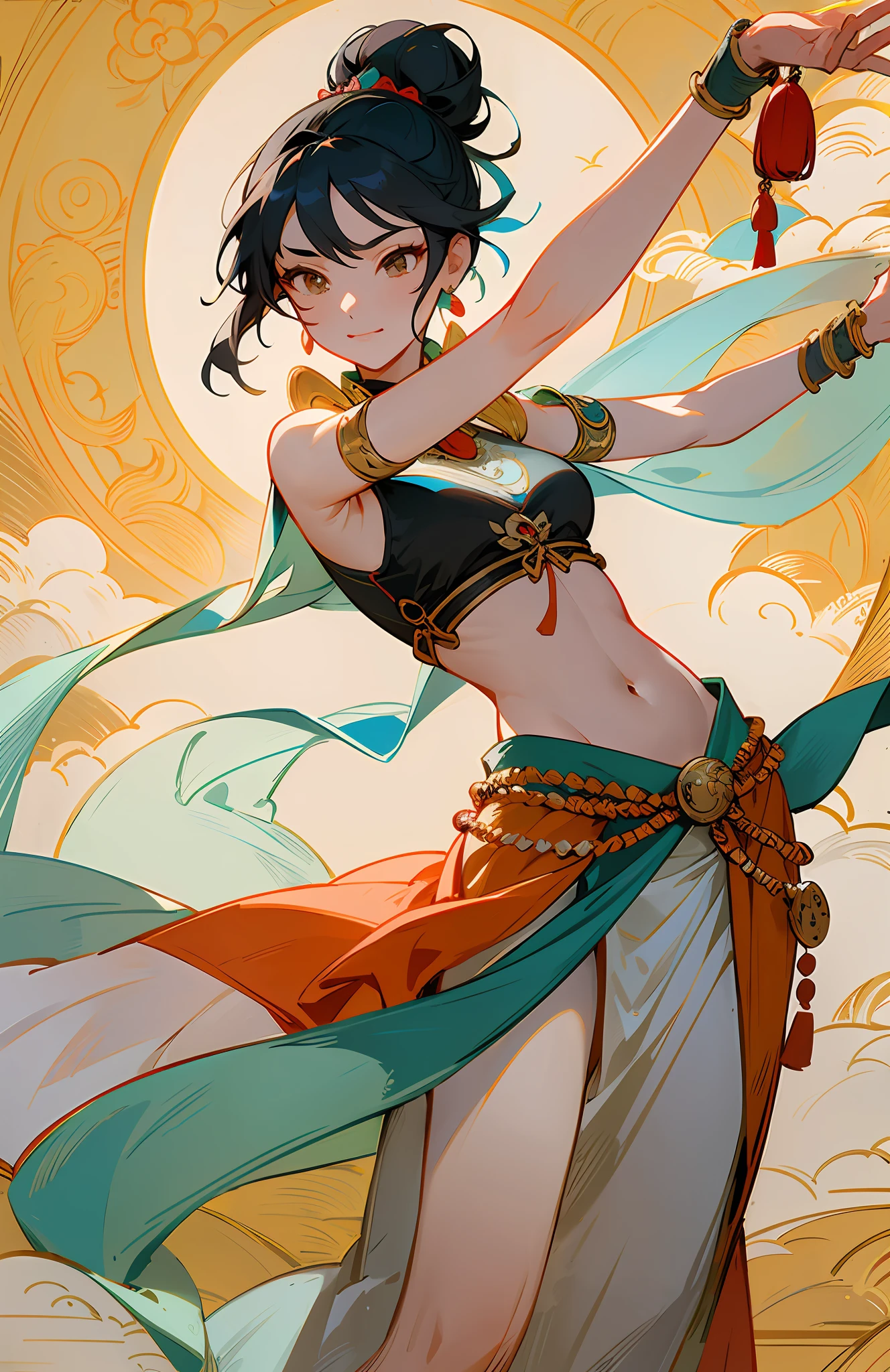An ancient Chinese beauty in a dancing pose, gorgeous costumes embroidered with intricate embroidery, flowing tulle, transparent long colorful Wu belts on her arms, showing her navel, shoulders, neck, black hair in a high bun Flower hairpins for hair bands, ribbons for arm rings, wreath rings, bracelets, anklets, metal chain tassels around the waist, Mogao Grottoes art, Dunhuang Flying Apsaras mural inspiration, ink wash, cgstation popular, masterpiece, recent quality, high-definition details , 32K