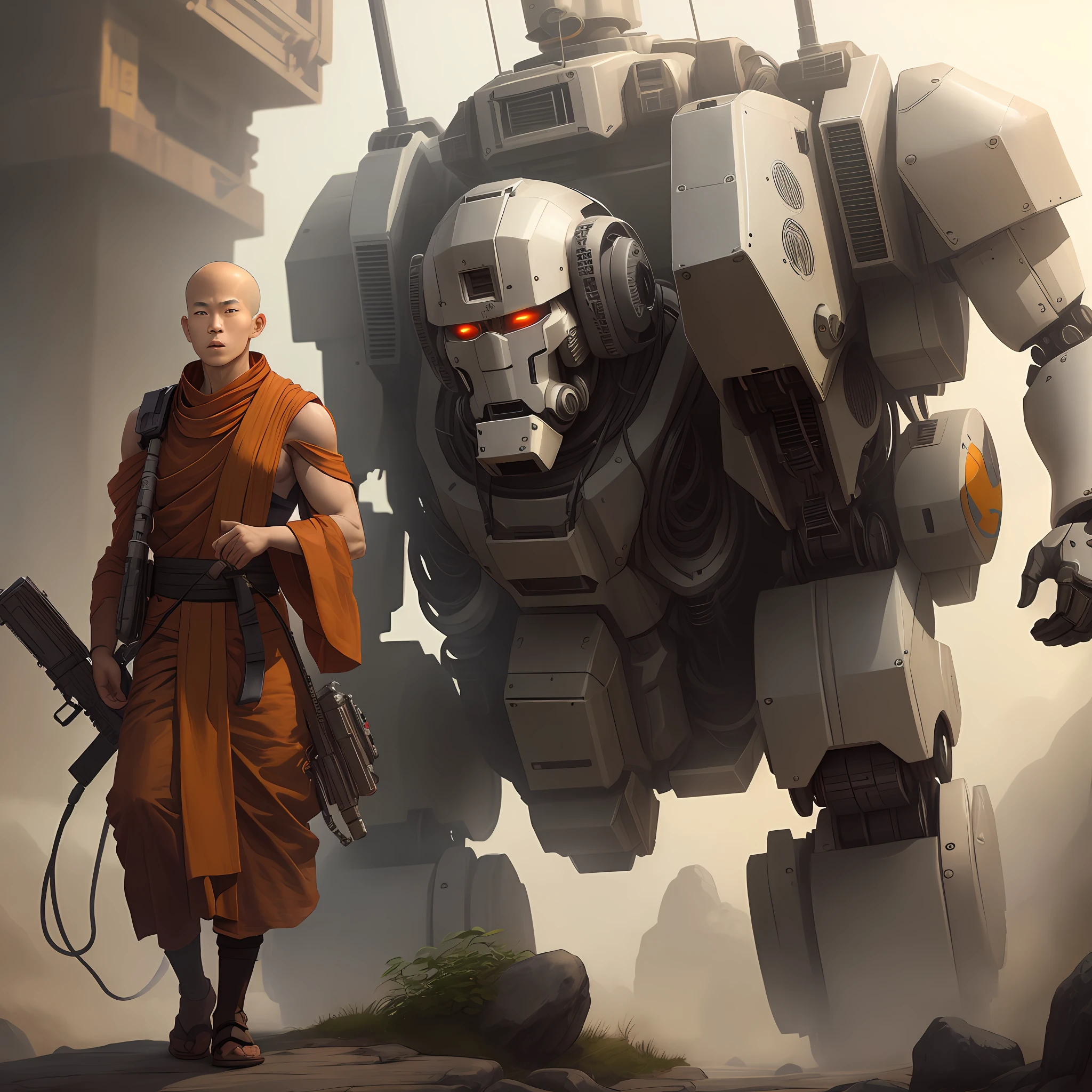A monk with a combination of mecha and human body, holding a machine gun