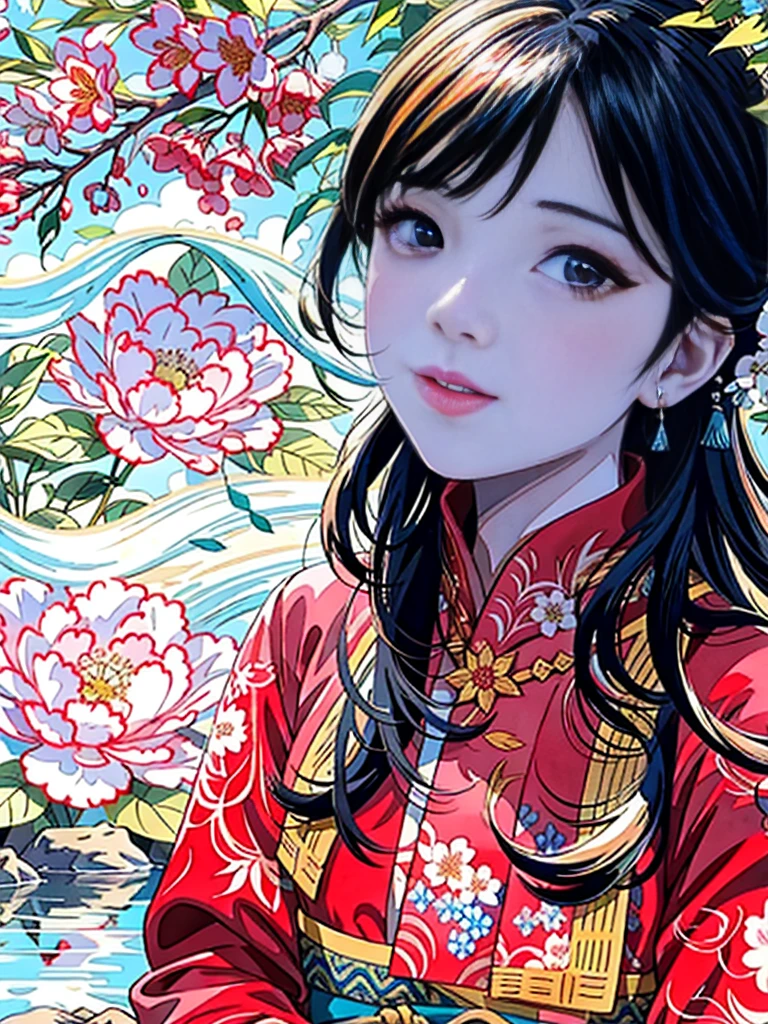 stechu, (white background: 1.4), ((tachi-e)), original, (illustration: 1.1), (best quality), (masterpiece: 1.1), (very detailed CG unity 8k wallpaper: 1.1), ( Color: 0.9), (panoramic shooting: 1.4), (single person: 1.2), (splash ink), (splash color), ((watercolor)), clear and sharp focus, { 1girl standing }, ((korean style )) ,flower background,outdoors,rocks,looking at the viewer,making a happy expression,soft smile,pure,beautiful and delicate face and eyes,delicate clothing pattern details,black hair,black eyes,water color,slender and beautiful neck , delicate face, neat clothes, shut up