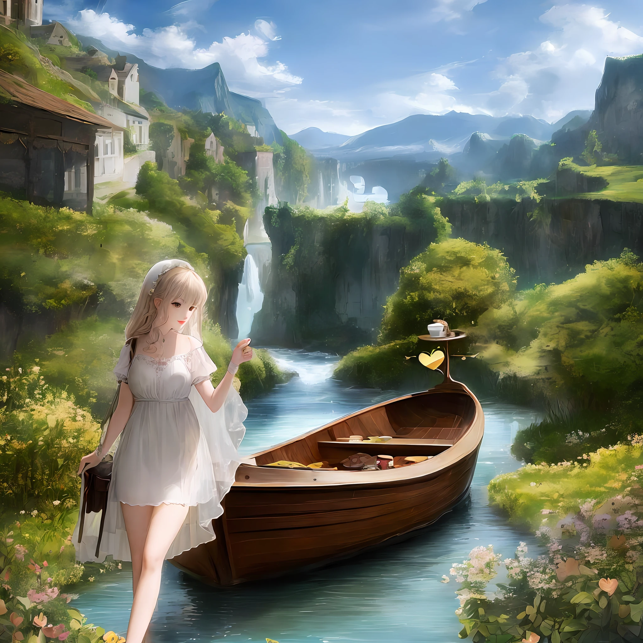beauty, long legs, depth of field, valley, river, boat, heart shape, tea