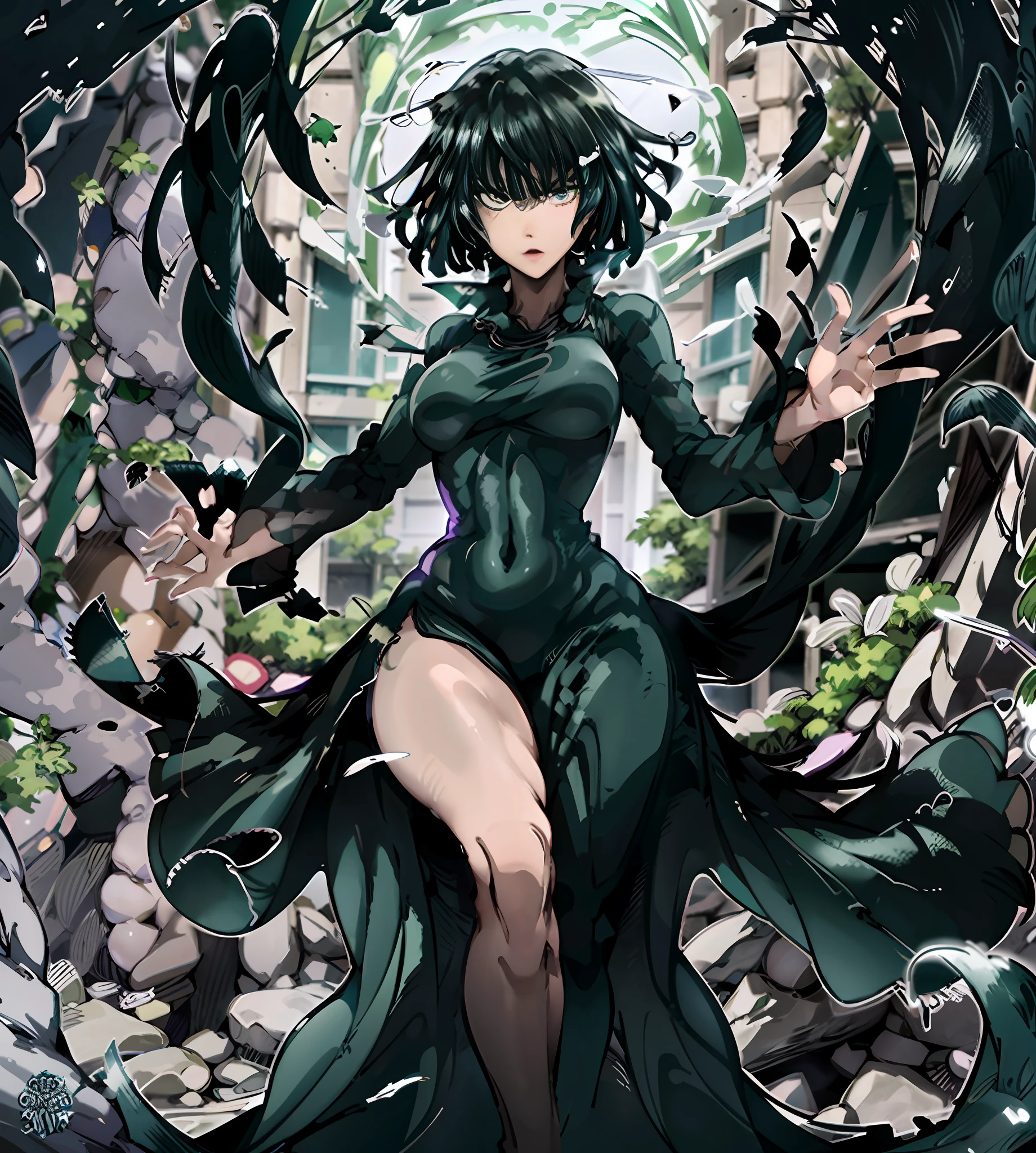 8k clothing material, 8k ultra-clear. Transparent clothes. Green hair, green hair, green hair. Plump thighs, clamping thighs, hands stretched upwards, face and body facing the audience, slender waist, tornado, flat chest, black skirt, pelvic curtain (tatsumaki: 1.7), girl trasparent black latex dress, long sleeves, thick thighs, Wide hips, green light, pot curtain, green halo, see-through clothing, no, cameltoe, 1girl, Chen Juan, green hair, green eyes, dress, solo, black dress, big breasts, small breasts, thighs, curly hair, belly button covered