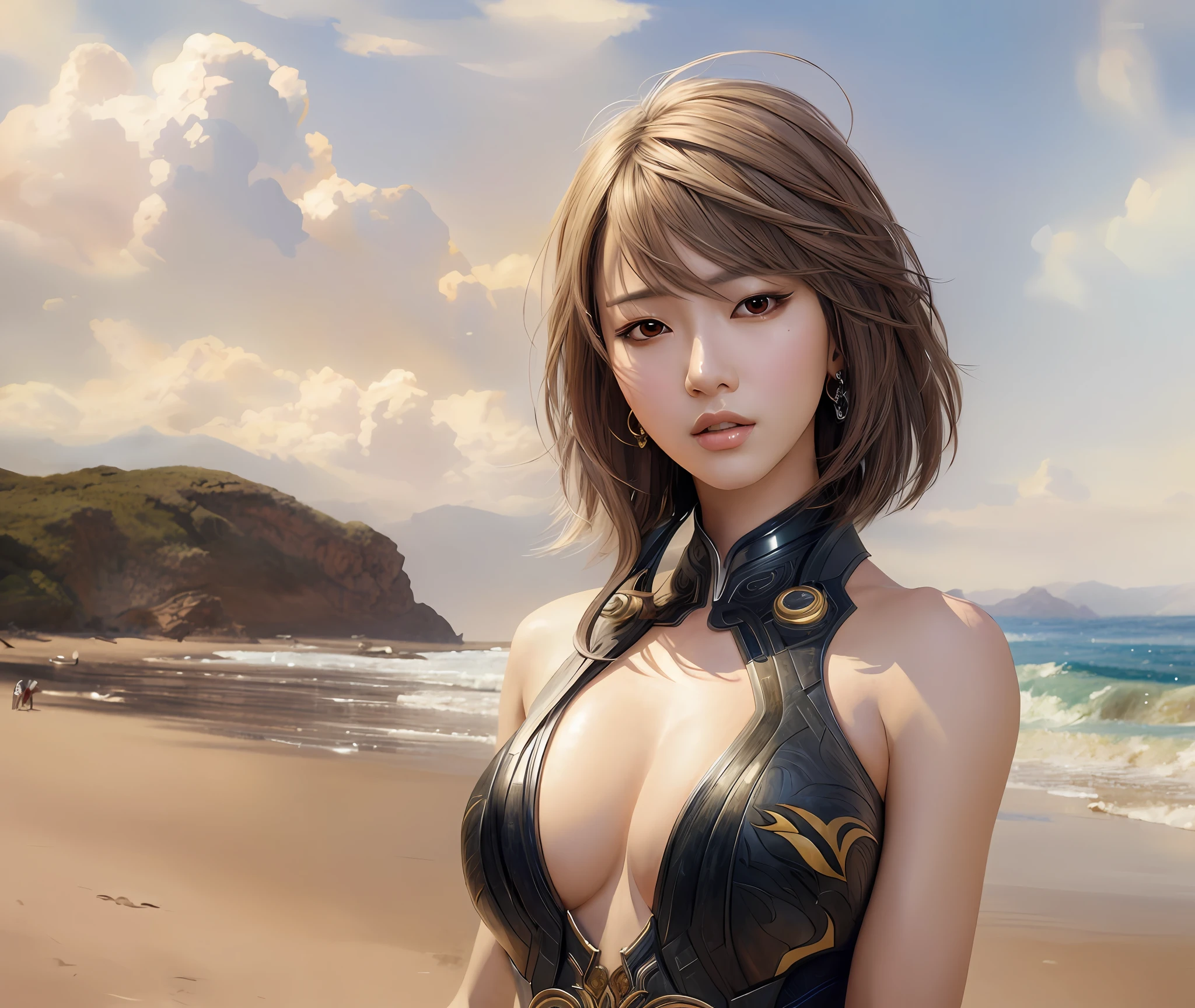 Watercolor, Joseph Zbukvic, beach landscape, michael garmash and rob rey, William Bonnar, rhads watercolor, Vicente Juan Masip, Victor Wang, Victor Meirelles, realistic watercolor, Konrad Grob, woman, guweiz style Artwork, beautiful and charming anime woman, good hand, 4k, high resolution, masterpiece, best quality, head: 1.3, (Korean K-pop idol), detailed skin, sharp focus, (film lighting), clavicle , Dynamic Angle, [: (Facial Details:1.2):0.2], Armpit Wrinkles, Slender, Cleavage, Full Body, (Realistic:1.7), Best Quality, Absurd, Ultra High Resolution,(Realistic:1.6), Realistic , octane rendering, (surrealism: 1.2), (huge breasts: 1.5) karol bak uhd, guweiz masterpiece, ig model | Art Bacteria, Art Bacteria