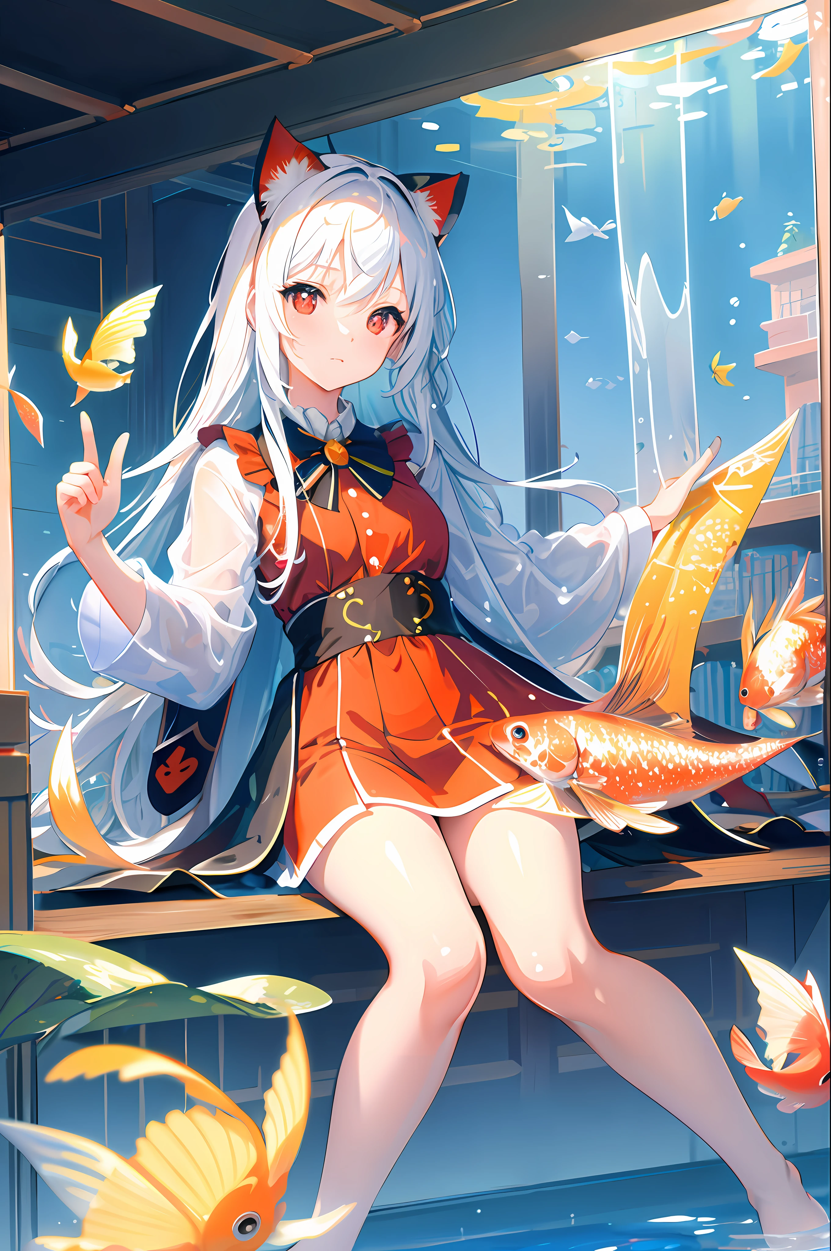 [(transparent background:1.5) :5], (())), ((best quality)), ((best quality)), ((best quality)), illustration, 1 girl, solo, colorful, vivid color, shiny, underwater transparent sealed hemispherical glass dome, white hair, red eyes, full body, bare feet, long hair, serene nature, koi, underwater, dome, close-up, dynamic motion, lens perspective, ( ((Box composition)), sitting cross-legged - leaning on a bookshelf, (arm+hand+1 thumb+4 fingers), (Impressionism: 1.4)