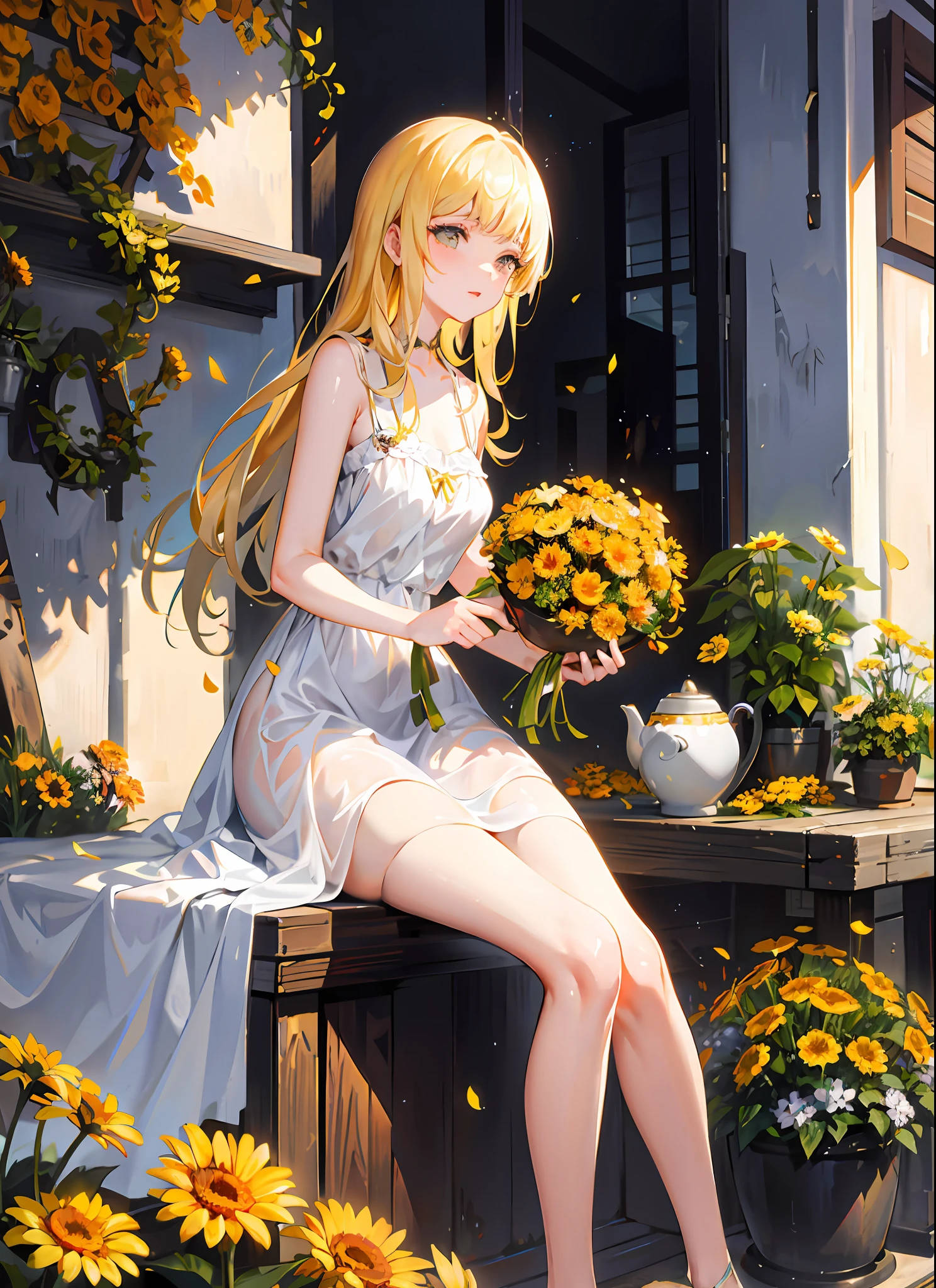 A pot of golden chrysanthemums stands on the quiet balcony. When the breeze blows, the petals sway gently, as if talking and laughing softly with the leaves in the garden. The sun shines on it, and the warm light makes the appearance of the chrysanthemum more vivid, as if gathering the colors and luster of all life. This pot of chrysanthemum seems to stretch its body, enjoying this beautiful moment to the fullest, as if conveying the belief of vitality and tenacity to people. On such an autumn afternoon, this small pot of chrysanthemums is awe-inspiring, like a sculpture of life, becoming the most beautiful existence in this season.