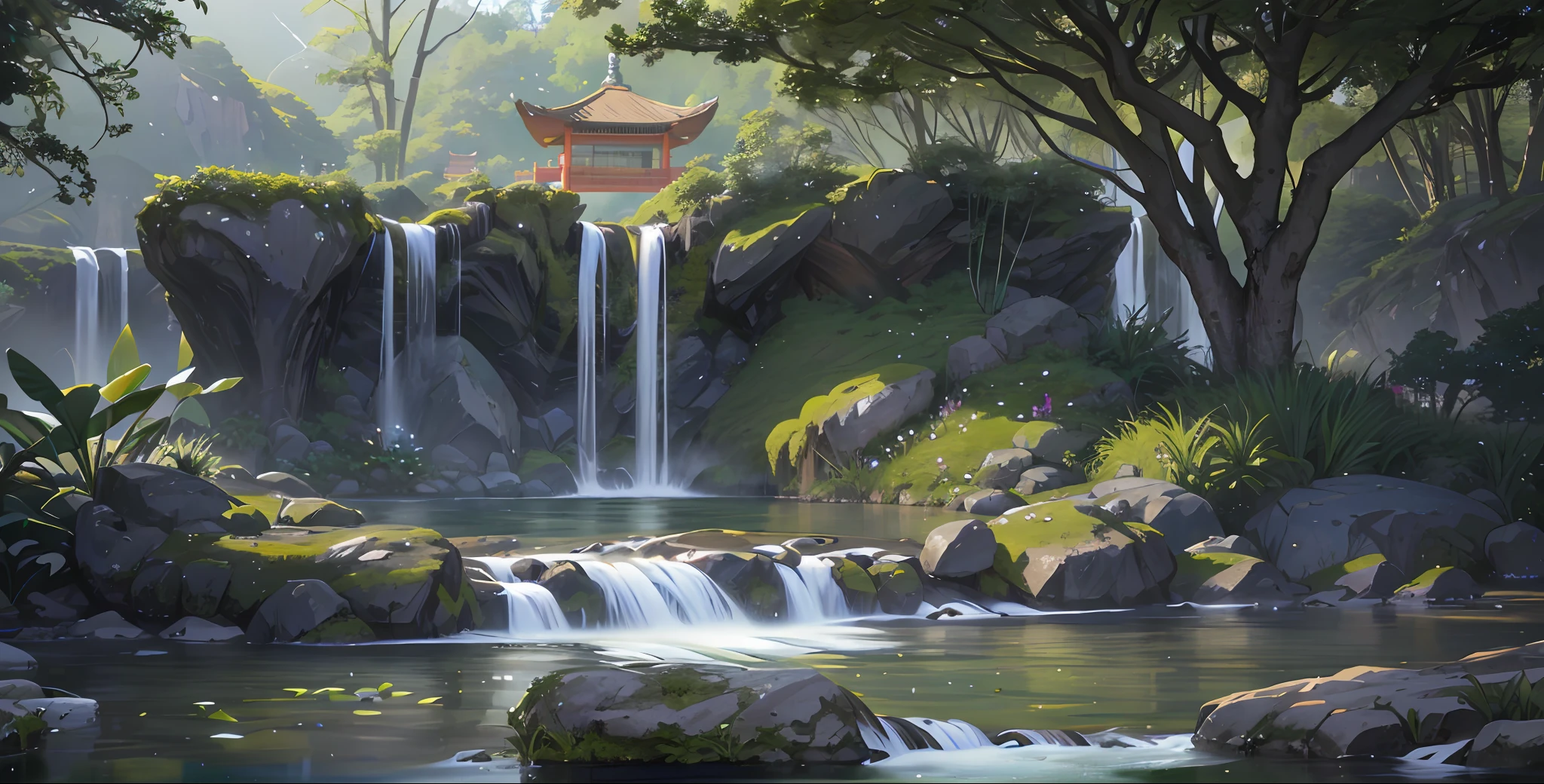 9:16 Ancient Chinese Architecture, Bamboo, Lake, Stone Bridge, Arch, Corner, Rockery, Tree, Flowing Water, Landscape, Outdoors, Waterfall, Grass, Rock, Water Lily, Stream, Lotus, Hot Spring, Fog, Epic Composition, Realistic Lighting , HD detail, masterpiece, best quality, (very detailed CG unity 8k wallpaper), (very detailed CG unity 8k wallpaper)
