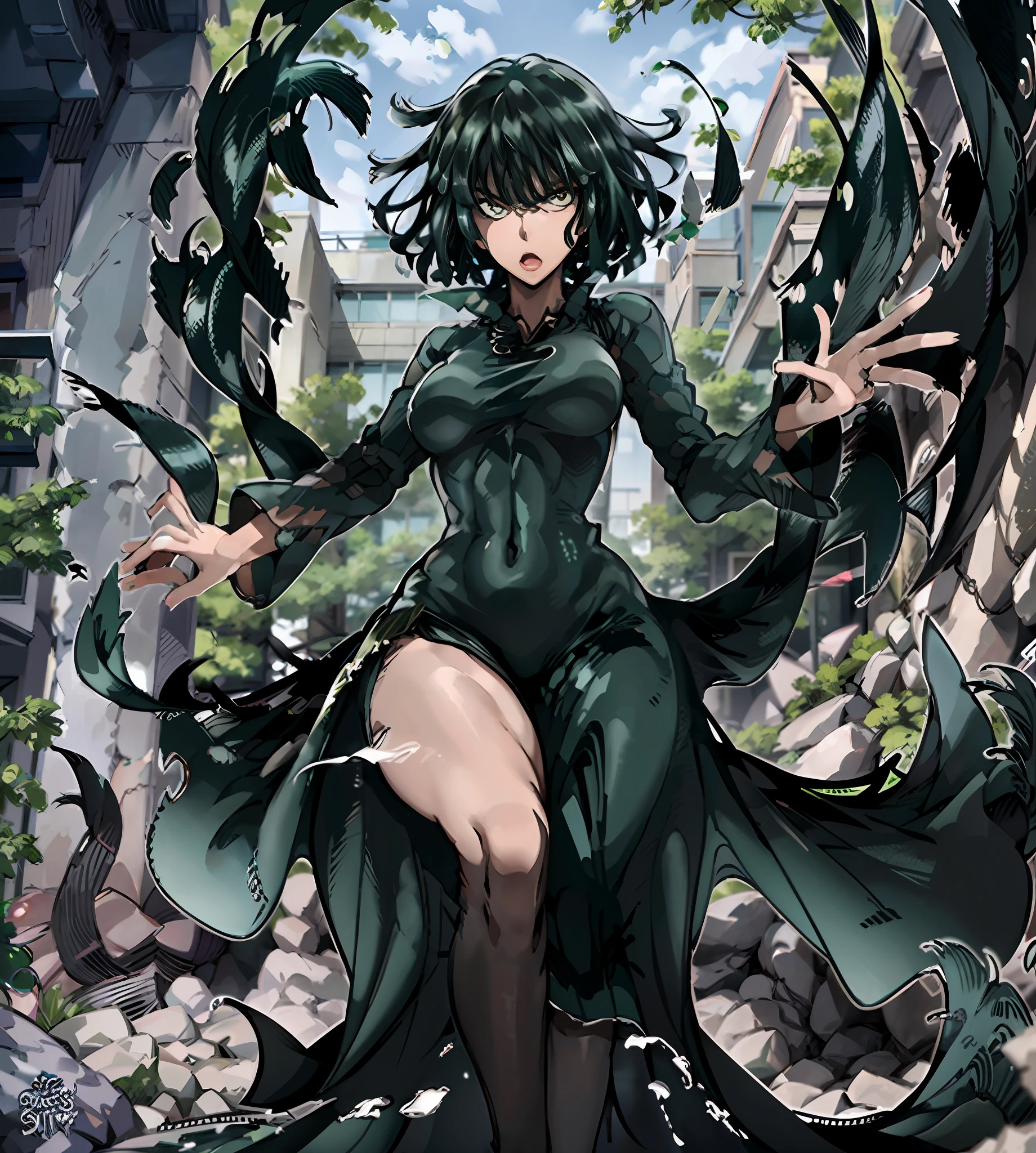 8k clothing material, 8k ultra-clear. Transparent clothes. Green hair, green hair, green hair. Plump thighs, clamping thighs, hands stretched upwards, face and body facing the audience, slender waist, tornado, flat chest, black skirt, pelvic curtain (tatsumaki: 1.7), girl trasparent black latex dress, long sleeves, thick thighs, Wide hips, green light, pot curtain, green halo, see-through clothing, no, cameltoe, 1girl, Chen Juan, green hair, green eyes, dress, solo, black dress, big breasts, small breasts, thighs, curly hair, belly button covered