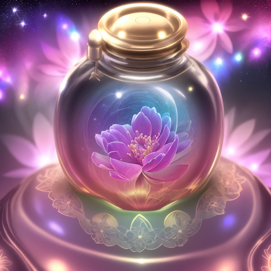 (perfume bottle, colorful flower border, cosmic background, three-dimensional texture)