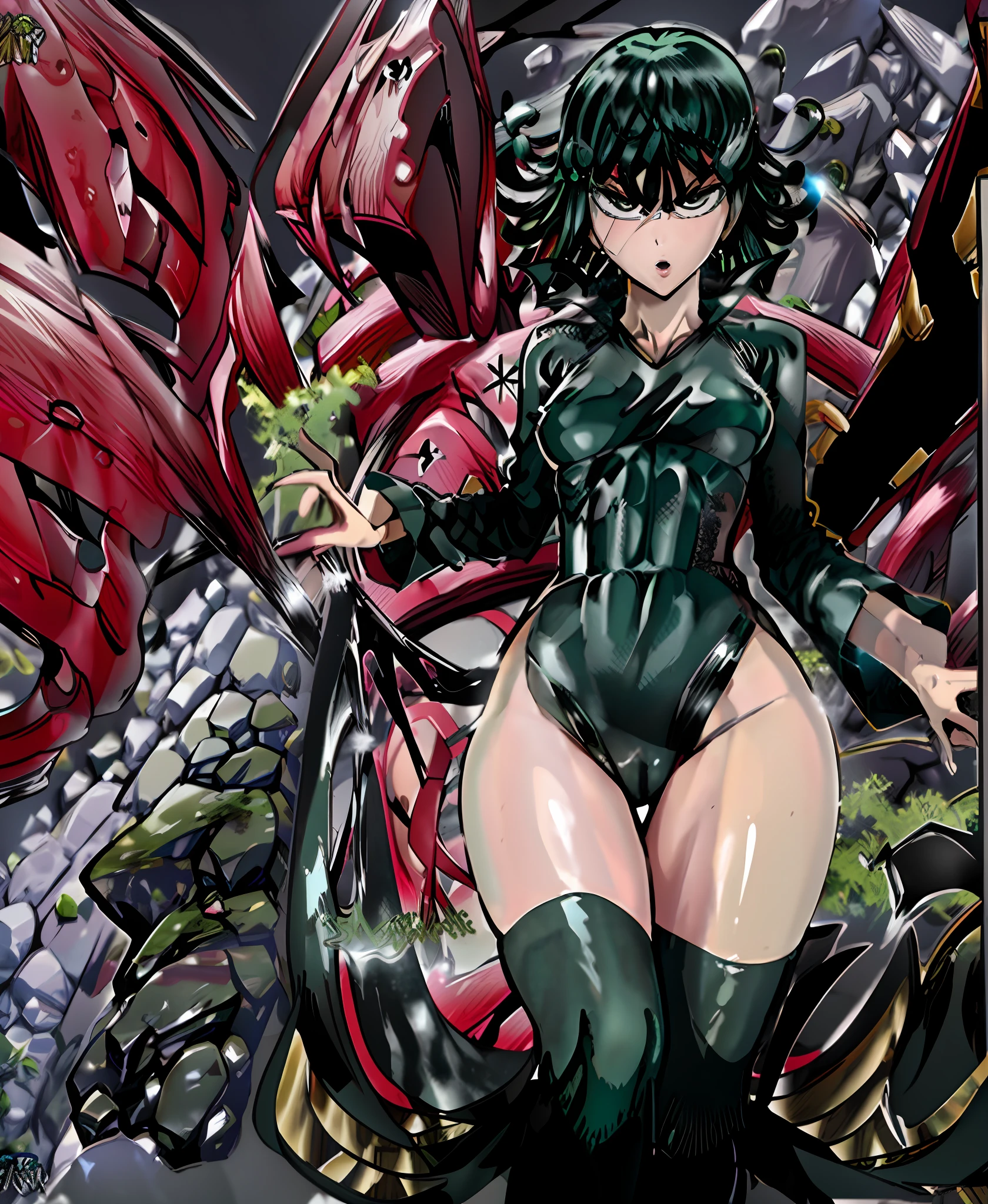 Transparent clothes. Green hair, green hair, green hair. Plump thighs, clamping thighs, hands stretched upwards, face and body facing the audience, slender waist, tornado, flat chest, black skirt, pelvic curtain (tatsumaki: 1.7), girl trasparent black latex dress, long sleeves, thick thighs, Wide hips, green light, pot curtain, green halo, see-through clothing, no, cameltoe, 1girl, Chen Juan, green hair, green eyes, dress, solo, black dress, big breasts, small breasts, thighs, curly hair, belly button covered