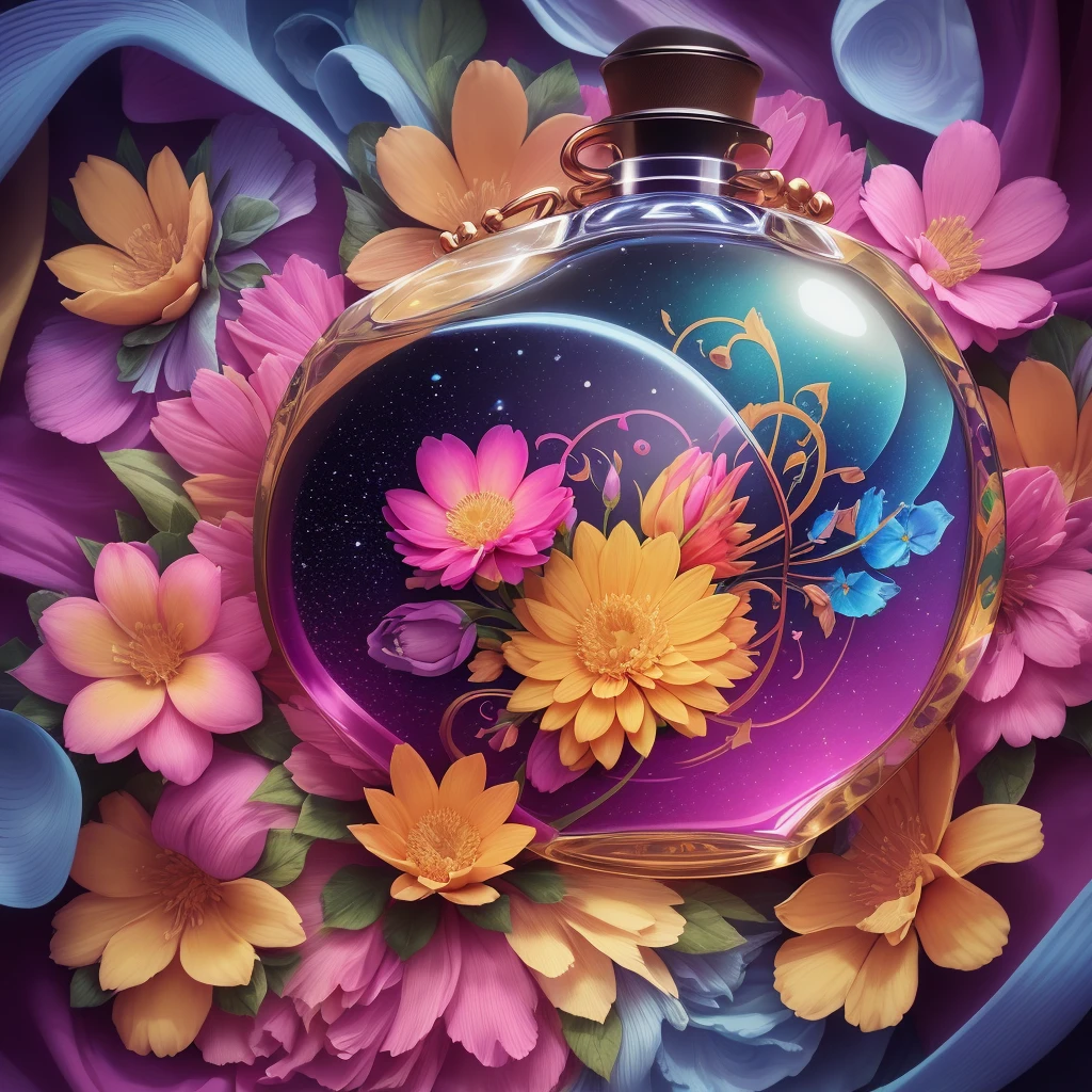 (Perfume bottle, colorful flower frame, cosmic background), blending naturally and vividly, with luxuriant details, colorful, vivid symbolic meaning, strong visual impact, unique. (Perfume bottle, colorful flower border, cosmic background), blending flexibly and naturally, Lush details, colorful, vivid symbolism, strong visual impact, unique. Perfume bottle, product photography, product photography 4k, professional product photography, professional product photography, professional product photo -- v 6