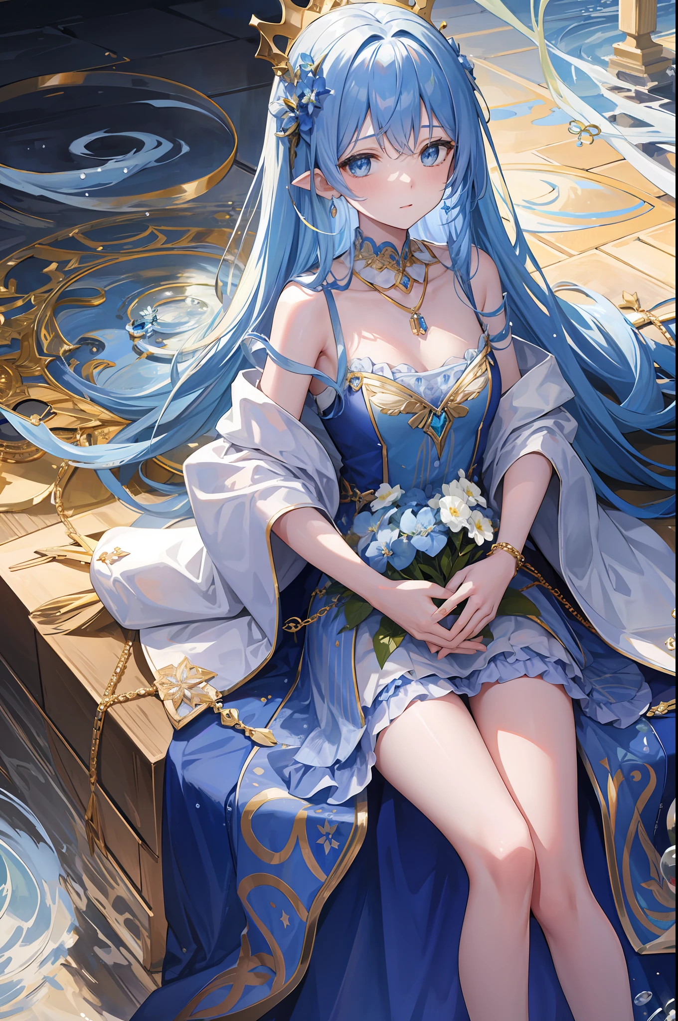 The crown woven with golden silk thread is worn between the ice blue hair, the ears behind the hair have pointed ears, the girl has a good face, a necklace with a blue crystal pendant falls between the collarbones, and the plump white chest, The water-blue long dress is delicate and gorgeous, with small pendants in the shape of water droplets made of various gemstones on the skirt, illustration, masterpiece, fantasy, blue flowers, by the lake