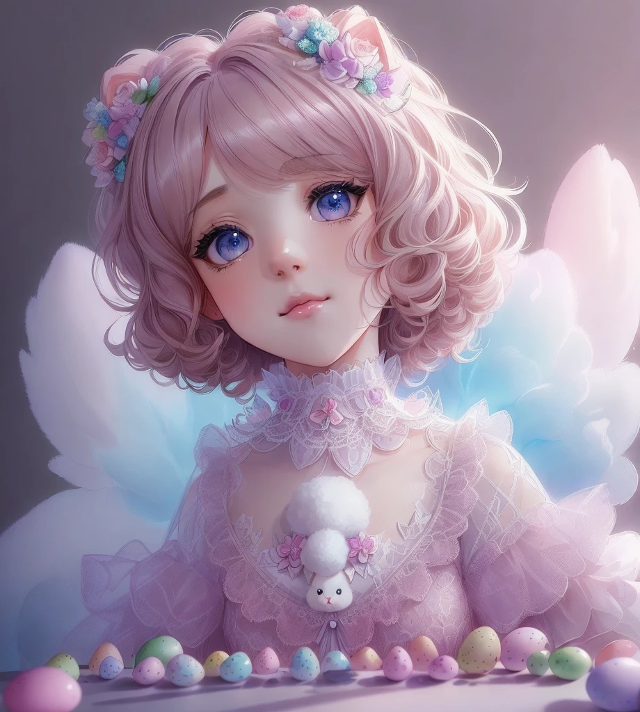 Beautiful animal poodle with dreamy eyes, volumetric lighting, hyper realistic, intricate details, illustration, drawing, watercolor, kawaii chibi, eating easter eggs, wow! , shallow depth of field, soft palette, soft light, minimalist, modern, digital painting, by lois van baarle and ross tran and artgerm, trending on Artstation HQ, very detailed
