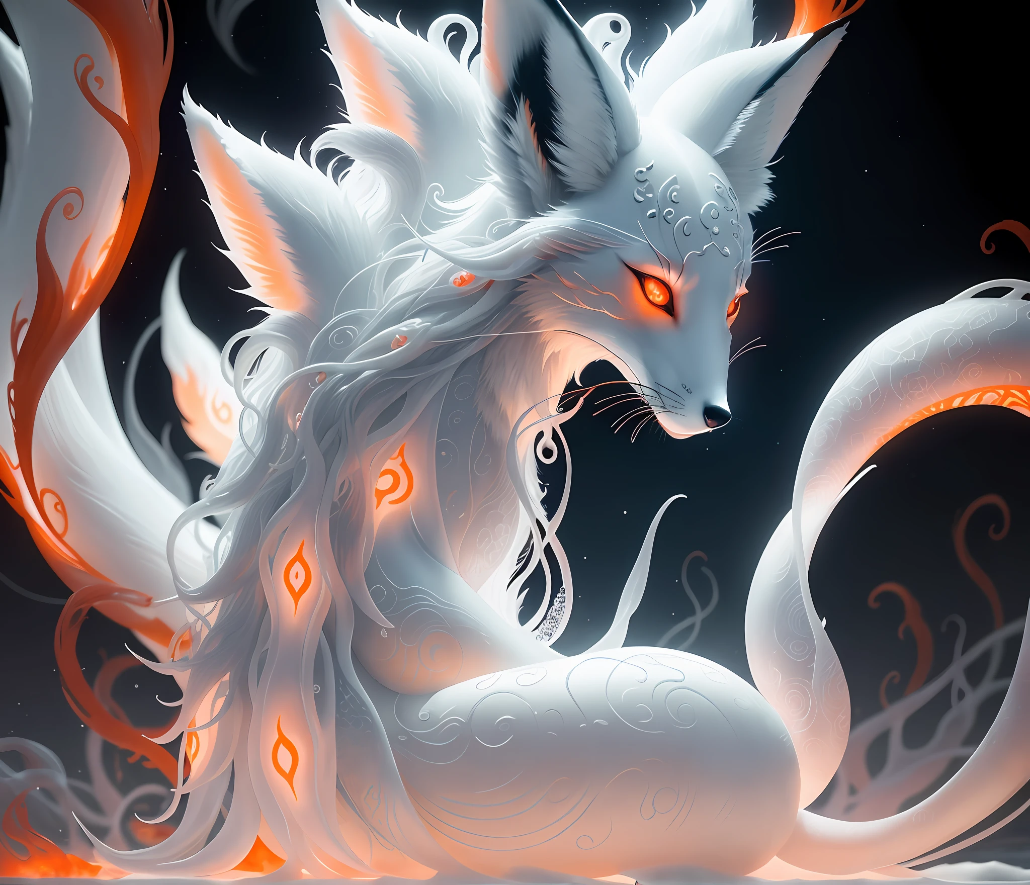 Close-up of a fox with nine tails, nine tails, nine tails, chtulhu, inspired by Sugimura Jihei, delicate and fine. tentacles, white alien squid, ghostly form, inspired by Sōami, jormungand, mystical creatures, "phoenix wallpaper"