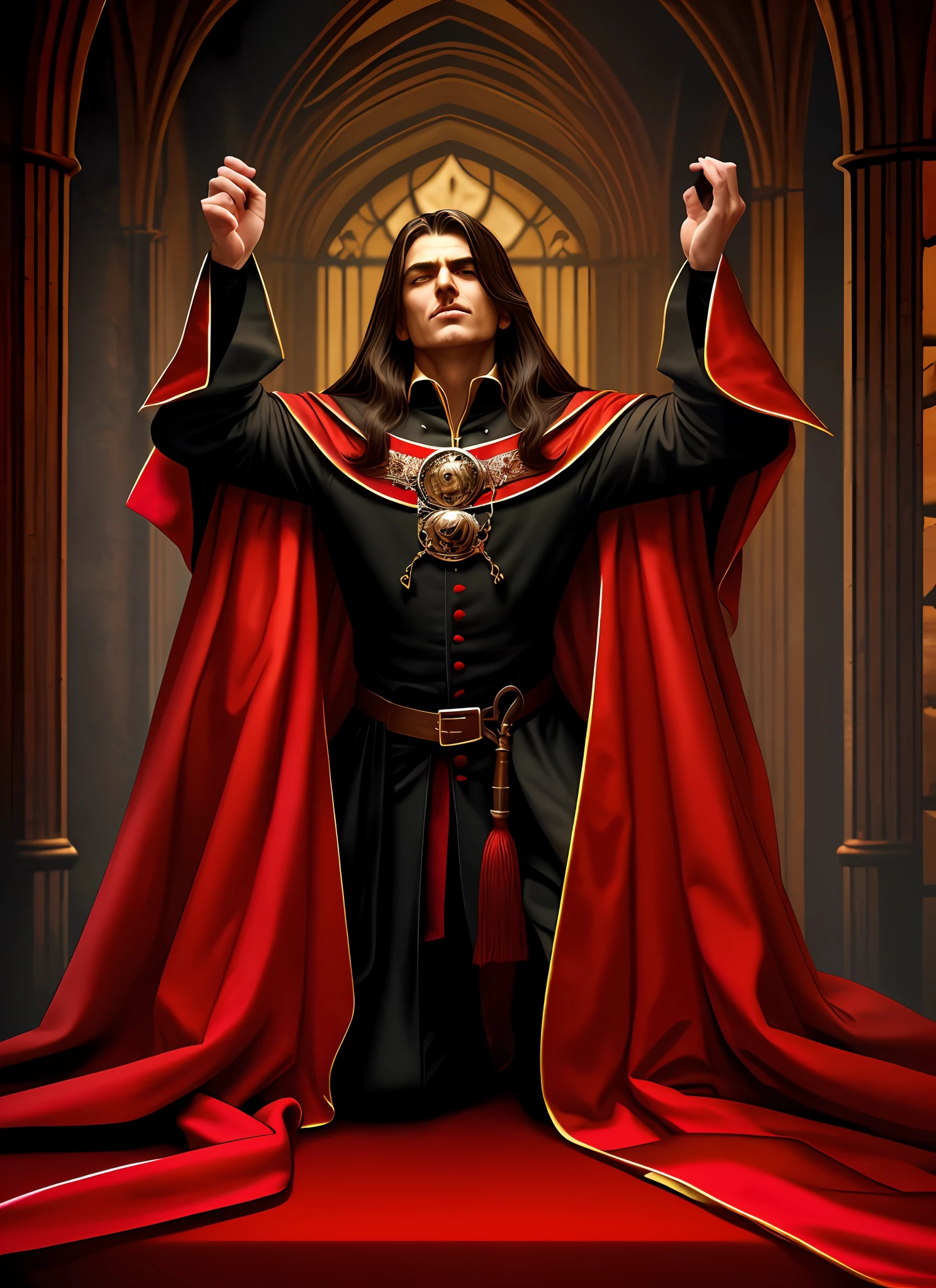 Handsome Vampire count male long dark hair, high cheekbones, kneeling, sad, beseech, fantasy plot, 16th century, art, illustration, cover, high quality long dark hair, ((medieval interior on the background)), black velvet doublet, velvet cloak, dark fantasy, art, illustration, 8k wallpaper, Amazing, finely detail, masterpiece, official art, extremely detailed CG unity 8k wallpaper, absurdres, incredibly absurdres, ultra-detailed, extremely detailed, beautiful detailed man, extremely detailed eyes and face, beautiful detailed eyes, light on face, cinematic lighting,(best quality:1.0), (ultra highres:1.0), (detailed beautiful man:0.8)