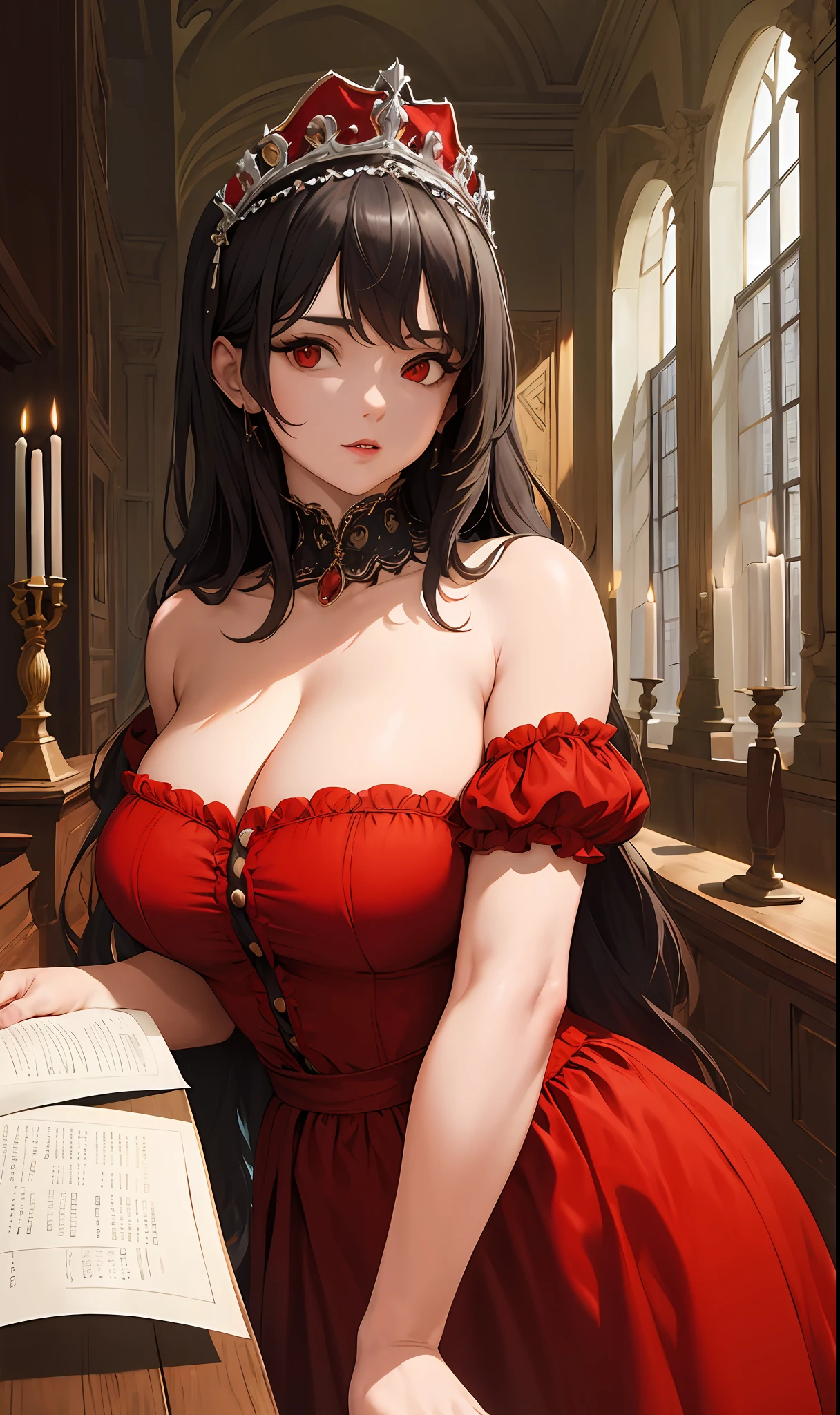 (Masterpiece, Best Quality, High Quality, Highres:1.4), Detailed, Extremely Detailed, Ambient Soft Lighting, 4K, Ornate, (Renaissance, Vintage:1.4), 1Gril, (Solo:1.4), (Milf:1.2), Standing, Upper Body, (Face Focus:1.2), (Extremely Detailed Hair:1.2), black hair, Long Hair, (Red Eyes, worried, Looking at Viewer:1.2), Curvy, Huge Breasts, (Bursting Breasts:1.2), (Tiara:1.2), Crown, (Cleavage, Strapless, Red Dress)