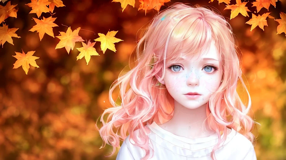 (masterpiece), luminous design, pastel colors, ink drips, autumn lights, gentle and charming woman portrait, (Agnes Cecile's style), (1girl), monolid eyes, light pink lipstick, blonde hair, wavy hair, gentle facial features, white blouse,(long shot), surrounded by autumn leaves and beautiful lights.