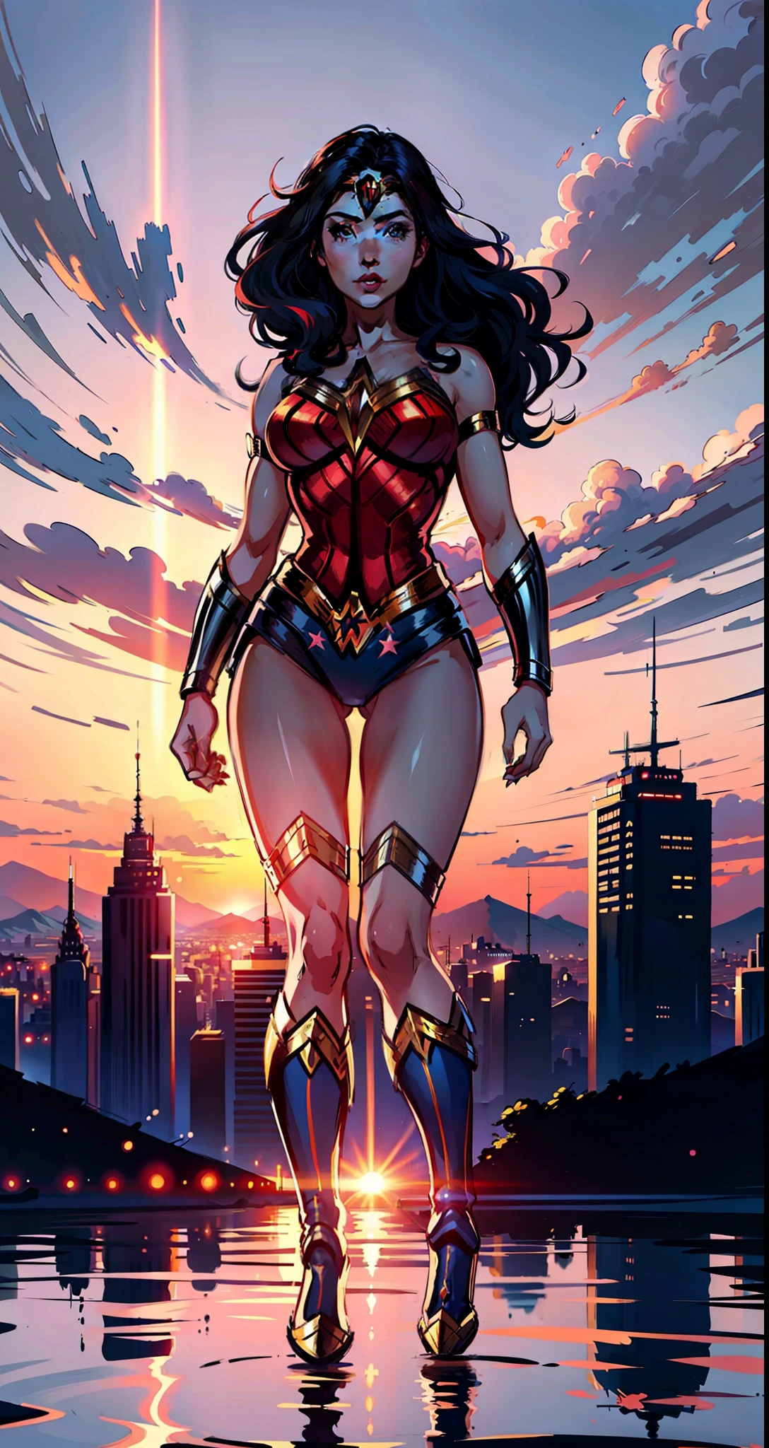 A beautiful illustration featuring Wonder Woman standing before the stunning sunset, overlooking the vast cityscape, leotard