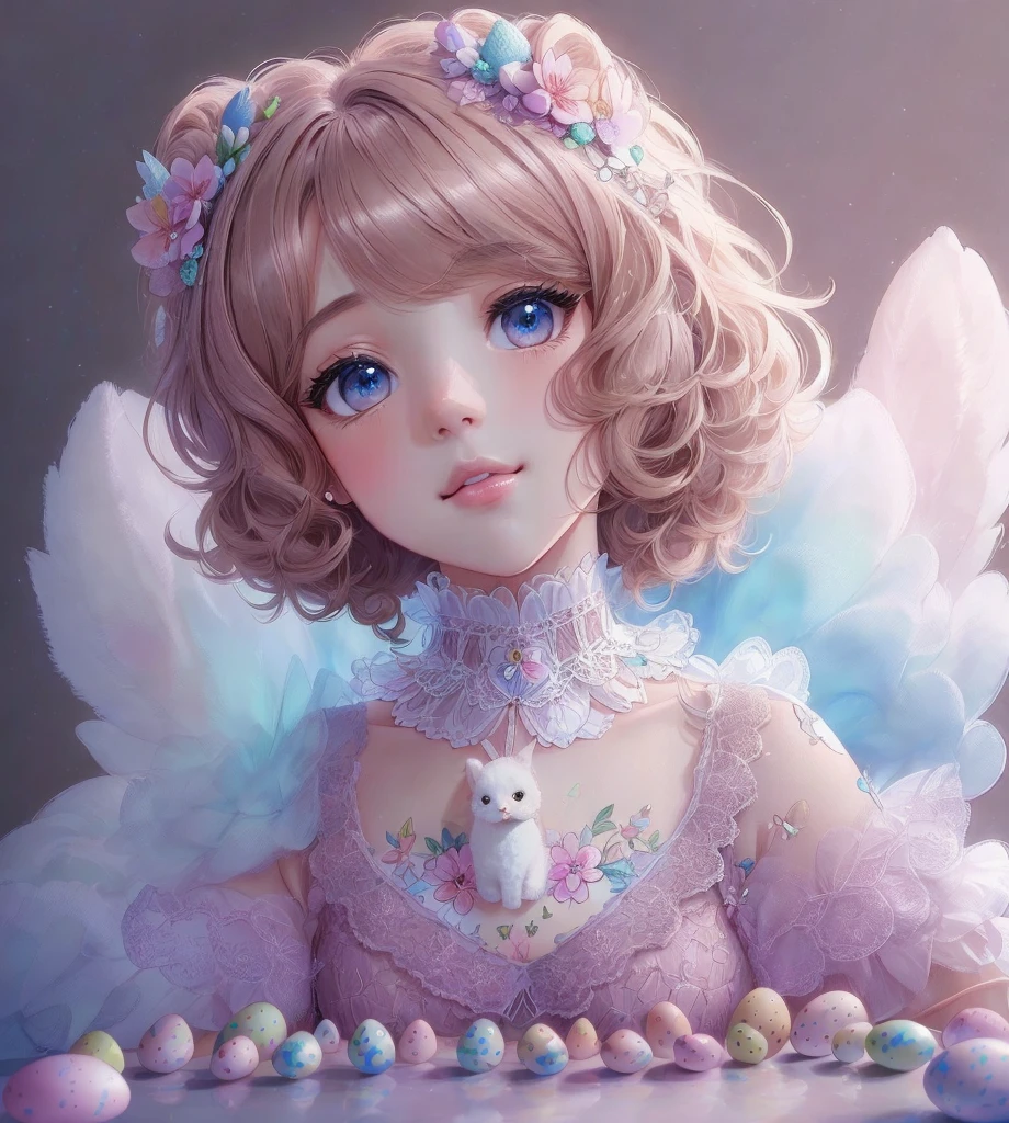 Beautiful animals, brown, poodle, with dreamy eyes, stereoscopic lighting, hyper realistic, intricate details, illustrations, paintings, watercolors, kawaii chibi, eating easter eggs, wow! , shallow depth of field, soft palette, soft light, minimalism, modern, digital painting, by lois van baarle and ross tran and artgerm, trending on Artstation HQ, very detailed