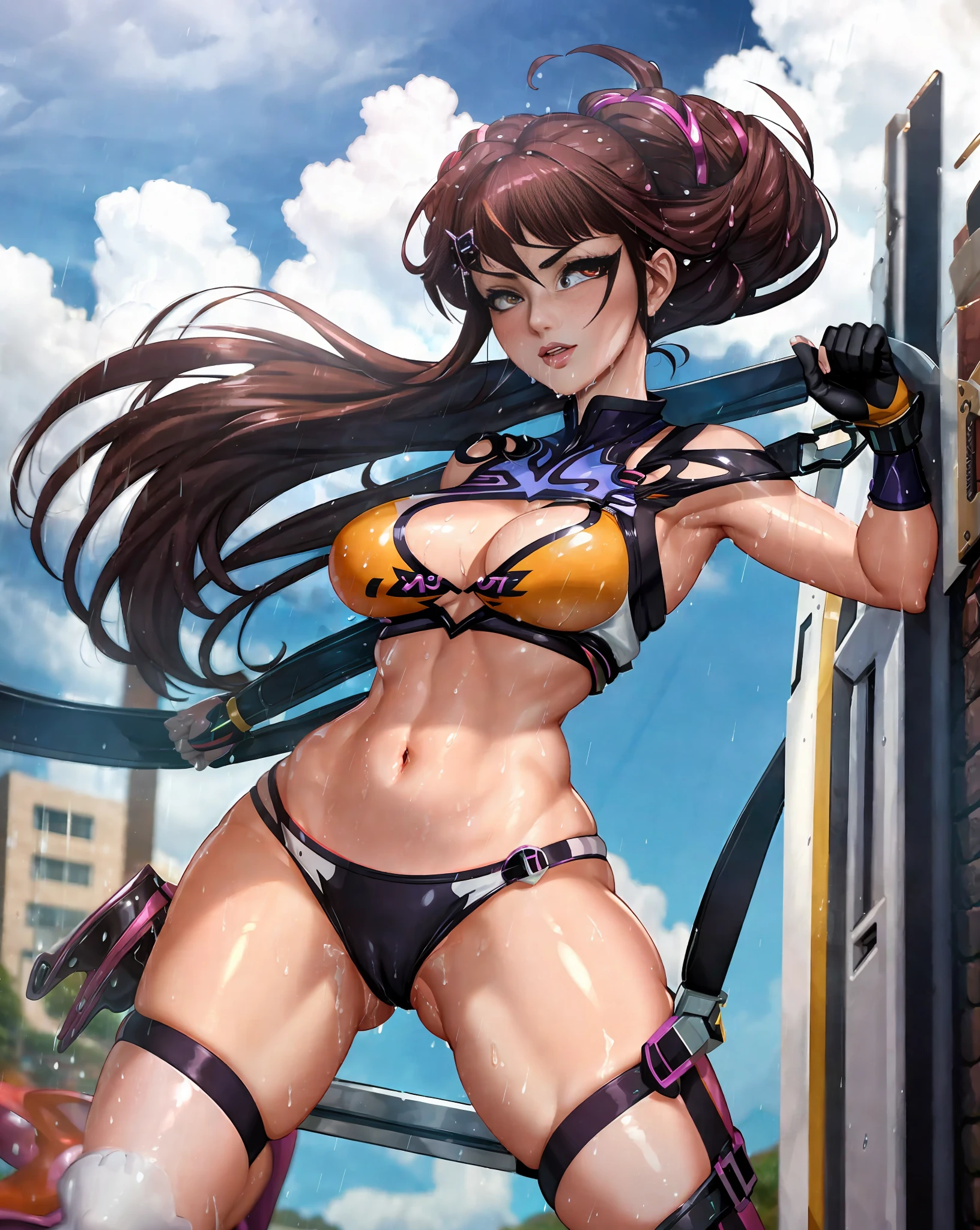 (extrmeemy detailed CG unity 8k wallpaper, masterpiece, best quality, ultra-detailed) Juri Han, a classic character from CAPCOM's fighting game. Transparent clothing, legs spread, body sweating, wet body, rain wet body.