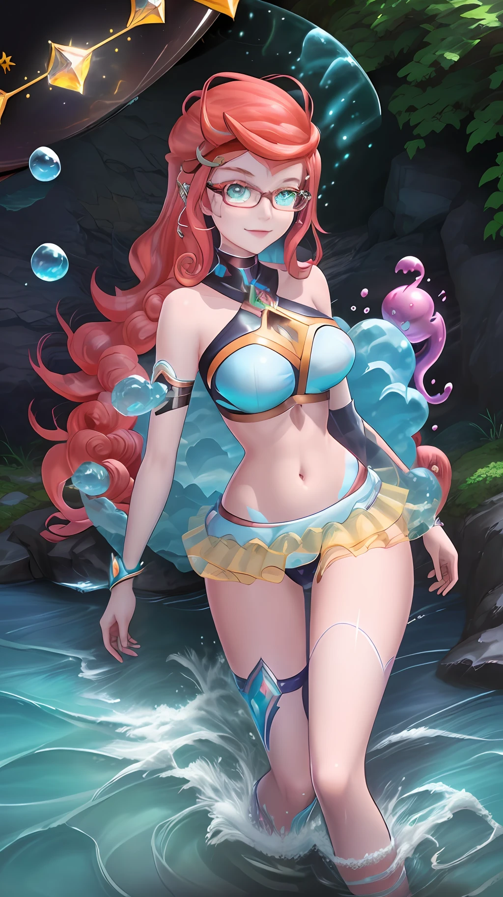 Anime girl in a bikini with a dragon in the background, anime style, cartoony, dragon, giant, vista, glow, shadow, (1girl), (red hair), (blue eyes), (bikini), (smiling), with glasses, rose tattoo , water wave texture, bubbles floating in the water, diving. Zodiac knight, andromeda, pokemon style, league of legends samira, enchanting female angel artifact, digimon, crystal, pokemon style, senna from league of legends, water type, isrelia from league of legends, Premium digital anime art, Zodiac girl portrait knight, detailed fan art.