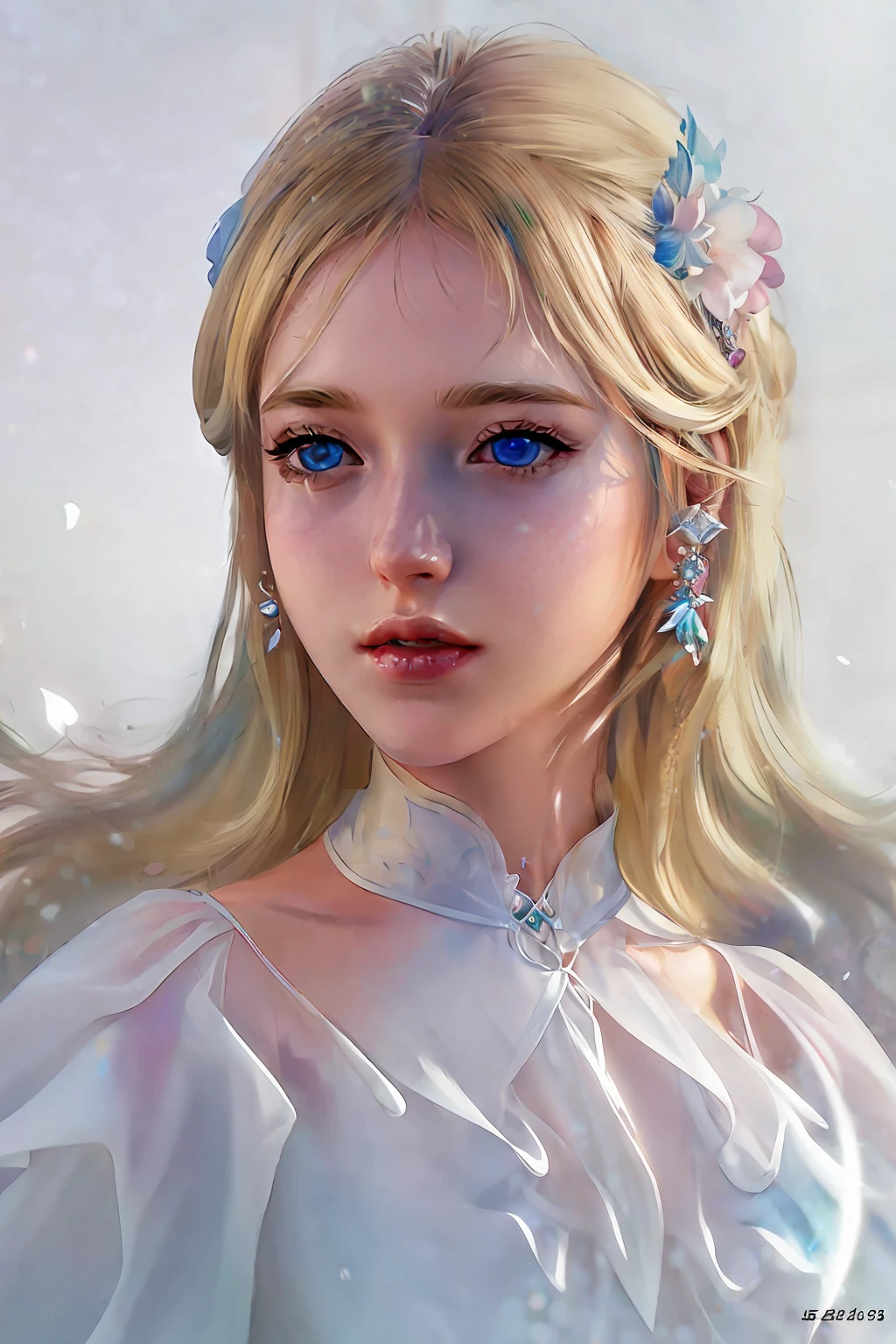 ((best quality)), ((masterpiece)), ((realistic)), woman, blonde hair, blue eyes, white dress, underwater, flower petals, (colorful), intricate details, highly detailed, sharp focus, digital render, professional, 4k, artstation,