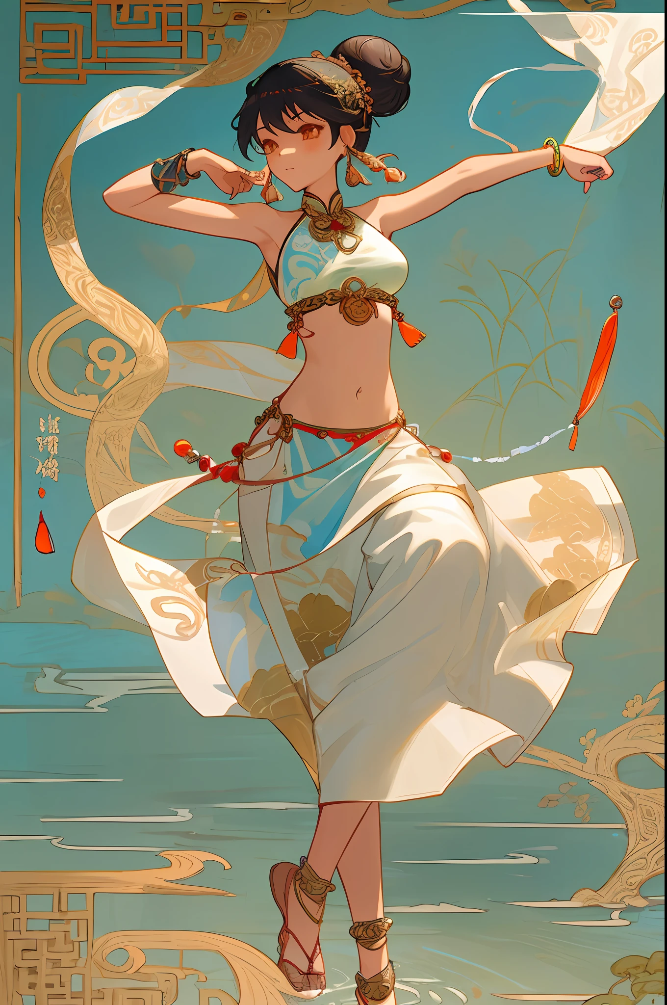 Inspired by Dunhuang Flying Apsaras mural, an ancient Chinese beauty stands and dances on the water, gorgeous Dunhuang costumes are embroidered with intricate embroidery, flowing tulle, transparent long colorful ribbons on the arms, navel exposed, shoulders exposed, and neck exposed , black curly hair in a high bun with flower hairpins, streamers on the arm rings, wreath rings, bracelets, anklets, metal chain tassels on the waist, Mogao Grottoes art, ink painting, cgstation fashion