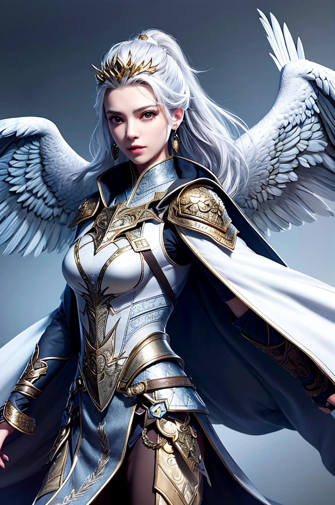 (Highest Quality, Masterpiece: 1.2), Ultra High Resolution, Realistic, Front Lighting, Intricate Detail, Exquisite Detail and Texture, 1girl, Solo, (young), Face Highlight, Upper Body, Detailed Face, Tear Point, Fair Skin, Silver Hair , ponytail, pigtails, viewer, big eyes, large fancy earrings, normal breasts, slim body, luxurious room, professional lighting, photon mapping, radiosity, physically based rendering, paladin armor, iron armor on shoulders and chest Wearing on the waist and arms, the pattern of an eagle is engraved on the armor, the detailed pattern is designed on the armor, the armor is a style that reveals the body of a woman, a short skirt, a mini skirt, and a white leather garment that fits closely to the body inside the armor Wearing, there is a very luxurious cloak, patterns are engraved on the shape of the cloak, wearing tanis pleated skirt, knight of holy justice, large super-sized hammer weapon, five fingers naturally, armor pattern shaped like eagle wings, wings She wears a sleek crown that symbolizes a shape, has a front cover design under her waist, a female warrior for justice, her hair is plentiful, part of her hair is twisted and tied with jewels, and the leather inside the armor is white and tight on the body. clinging,