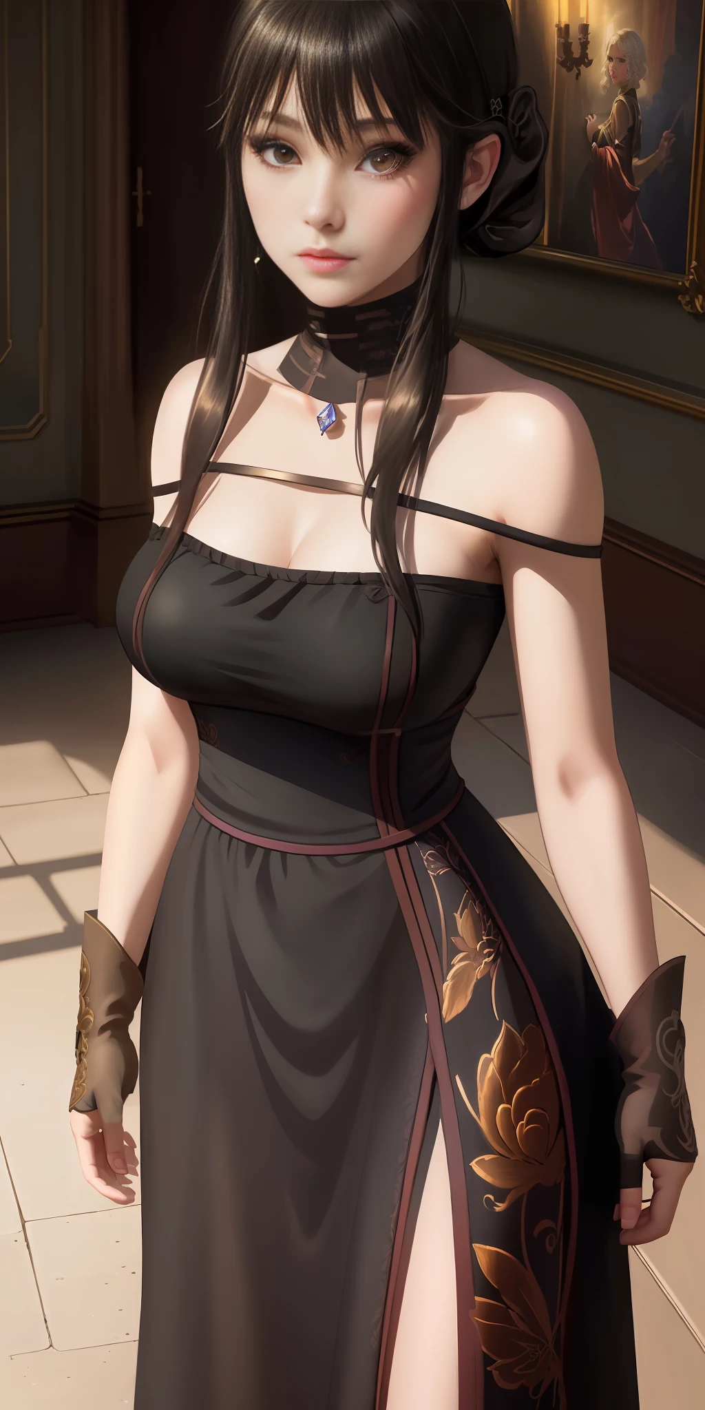 Yor Forger from spy x family, (photorealistic), beautiful girl, ((masterpiece)), best quality, best illustration, HDR, beautiful details, intricate details, detailed scenery, dramatic light, best shadow, 1girl, delicate, colorful, wearing maxi dress, medium breast, detailed skin texture,fingerless gloves,short hair with long locks,