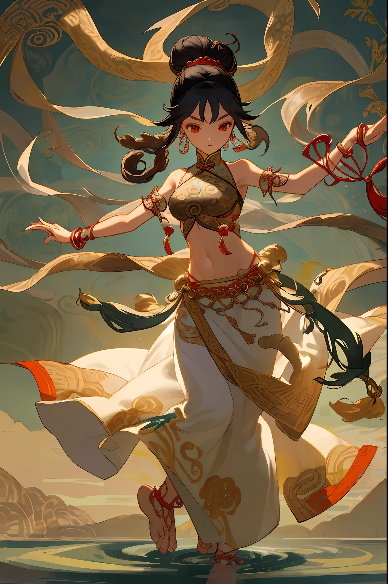 An ancient Chinese beauty stands and dances on the water, gorgeous costumes embroidered with intricate embroidery, flowing tulle, transparent long colorful ribbons tied on the arms, inspired by Dunhuang Flying Apsaras murals, showing navel, bare shoulders, bare neck, Black curly hair in a high bun with flower hairpins, ribbons on arm rings, wreaths, bracelets, anklets, metal chain tassels on the waist, Mogao Grottoes art, ink painting, cgstation pop