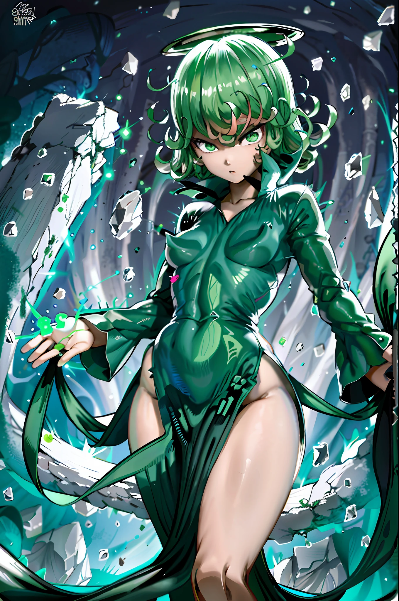 Green transparent latex garment. Green hair, green hair, green hair. Plump thighs, clamping thighs, hands stretched upwards, face and body facing the audience, slender waist, tornado, flat chest, black skirt, pelvic curtain (tatsumaki: 1.7), girl trasparent black latex dress, long sleeves, thick thighs, Wide hips, green light, pot curtain, green halo, see-through clothing, no, cameltoe, 1girl, Chen Juan, green hair, green eyes, dress, solo, black dress, big breasts, small breasts, thighs, curly hair, belly button covered