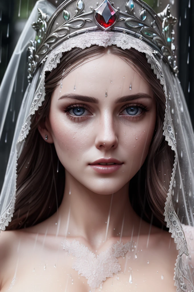 (extremely detailed CG unity 8k wallpaper), a beautiful woman in the rain, wet, wearing crown and veil, sitting, medieval streets, nsfw,,, Style-Glass, full_body_shot, soft lighting, backlit, bright lighting, volumetric lighting, detailed face, highly detailed, painting