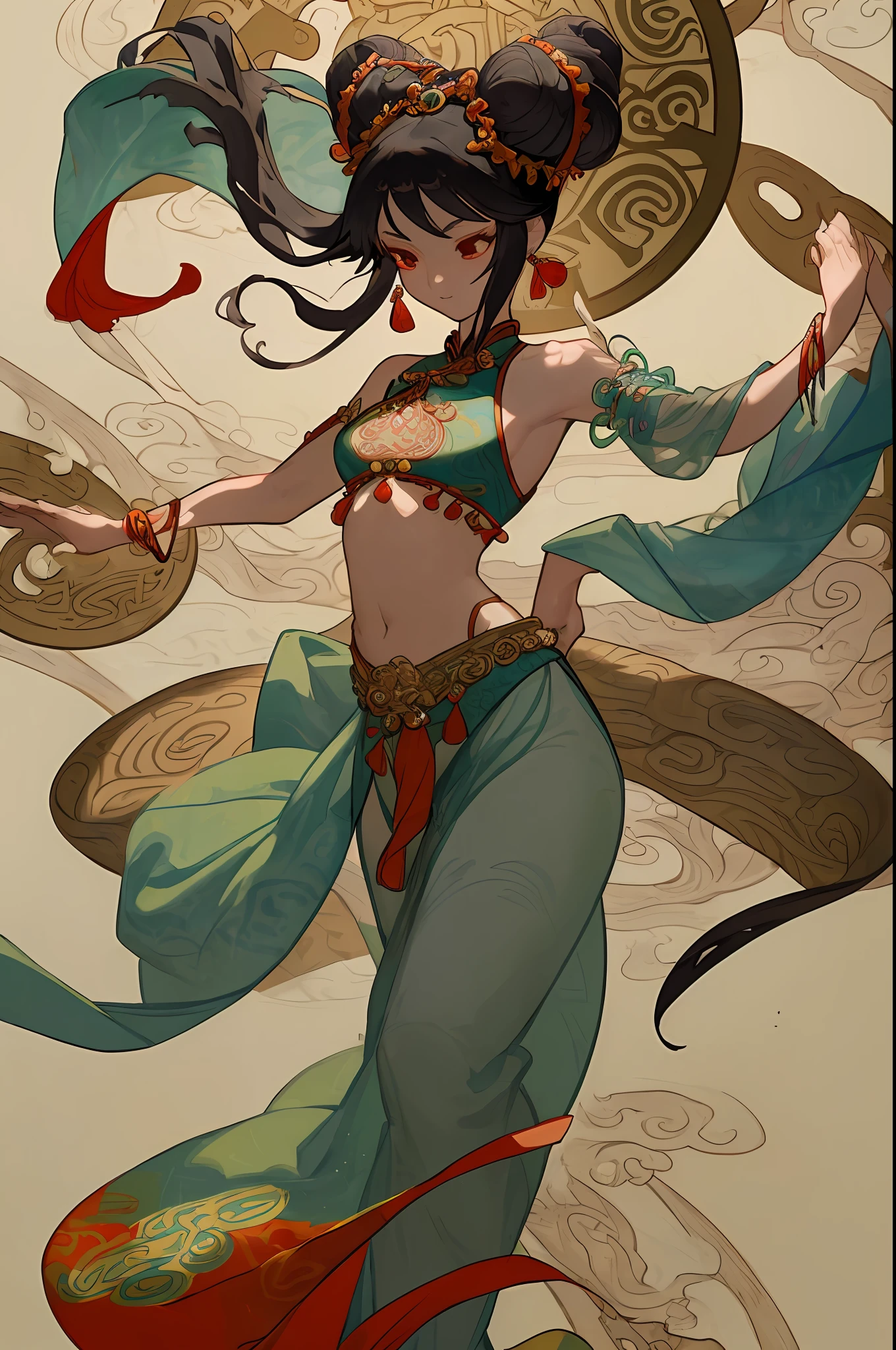 An ancient Chinese beauty stands and dances on the water, gorgeous costumes embroidered with intricate embroidery, flowing tulle, transparent long colorful ribbons tied on the arms, inspired by Dunhuang Flying Apsaras murals, showing navel, bare shoulders, bare neck, Black curly hair in a high bun with flower hairpins, ribbons on arm rings, wreaths, bracelets, anklets, metal chain tassels on the waist, Mogao Grottoes art, ink painting, cgstation pop