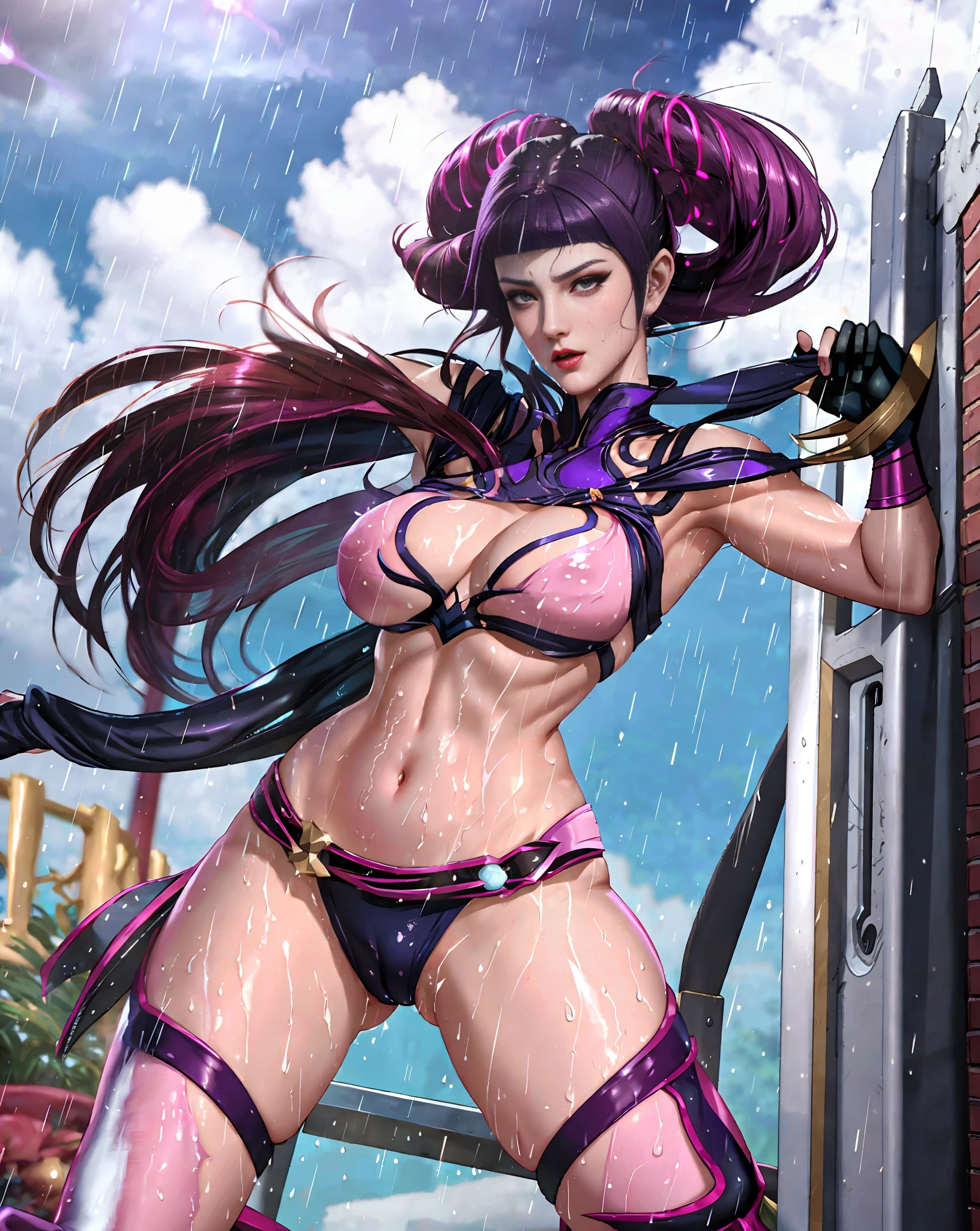 (extrmeemy detailed CG unity 8k wallpaper, masterpiece, best quality, ultra-detailed) Juri Han, a classic character from CAPCOM&#39;s fighting game. Transparent clothing, legs spread, body sweating, wet body, rain wet body. short hair.