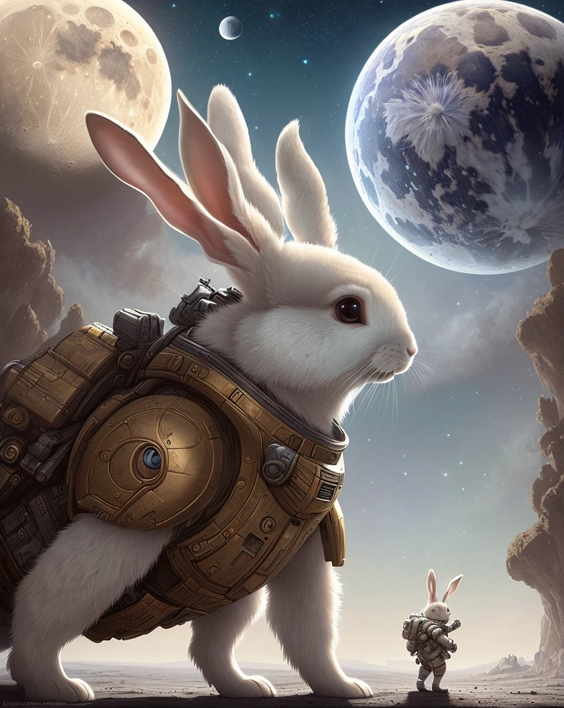 An anthropomorphic rabbit warrior, standing with a helmet and holding a sword, with white hair. Fantastic sci-fi illustration, highly detailed 4K digital art, realistic fantasy illustration, furry fantasy art, CGSociety competition winner.