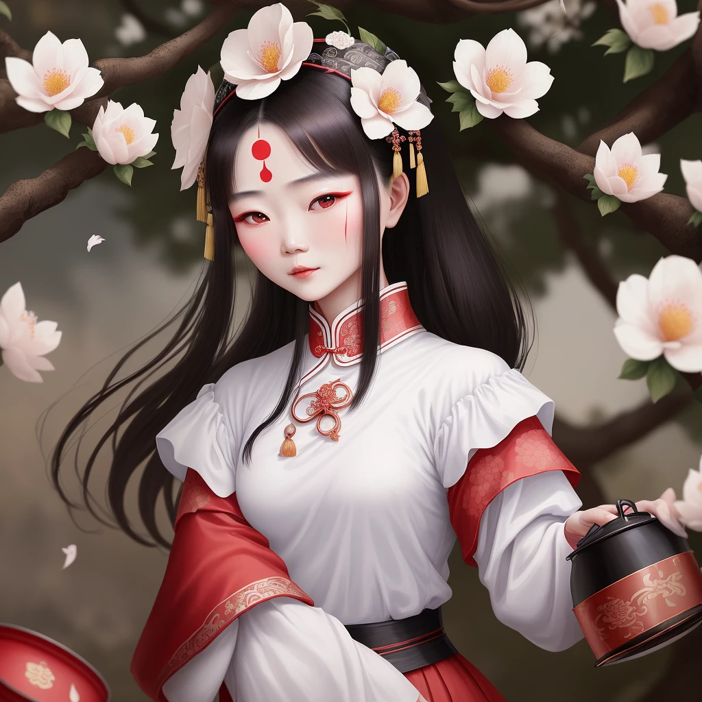 An ancient Chinese woman, she is a god, she is blind and covered by tulle, her eyes can be seen vaguely, there is a red mark on her forehead, which looks like a flower tin, but it is actually a crack, she is dressed in white and wears a sword The background is a fairy tale drama towering tree