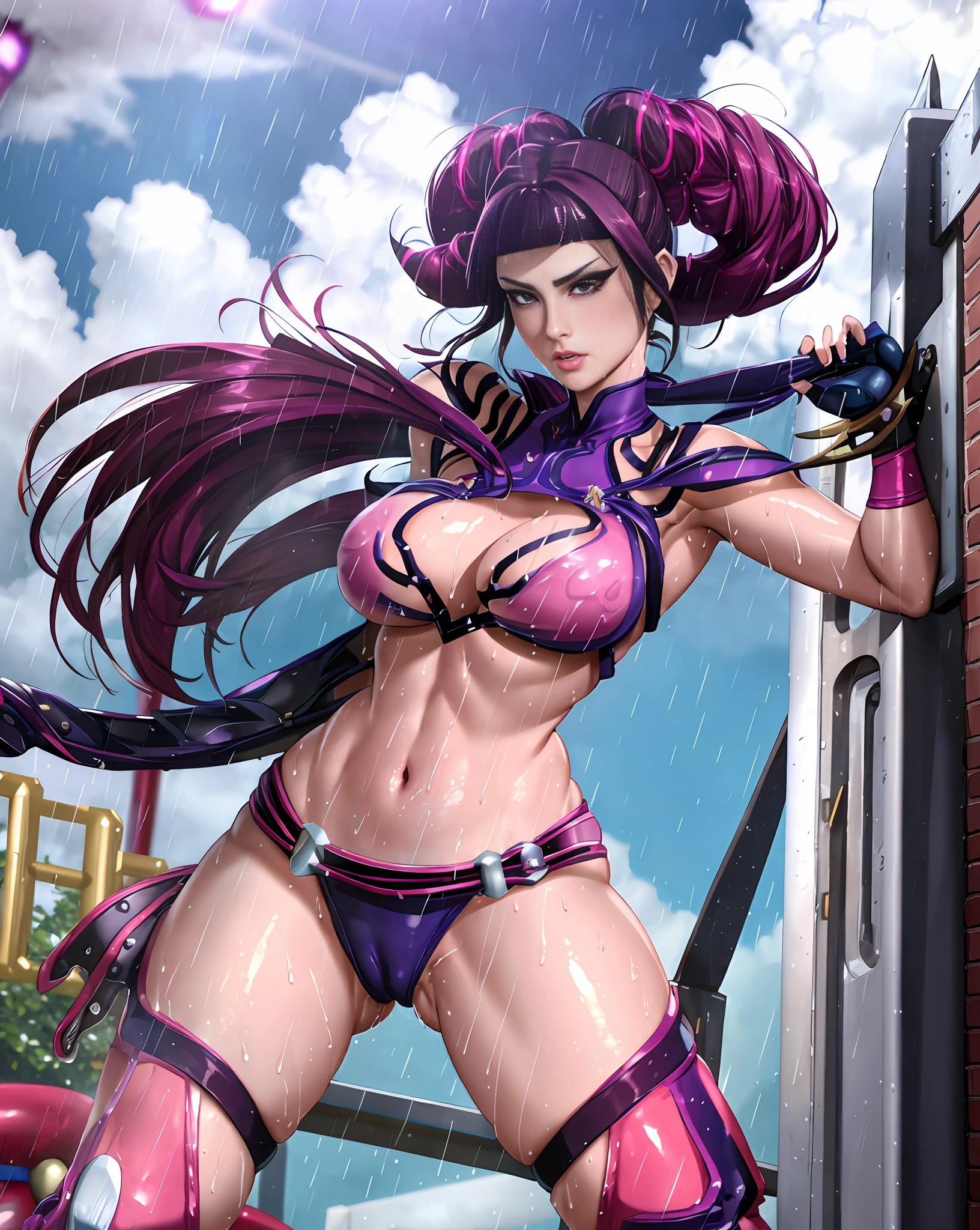 (extrmeemy detailed CG unity 8k wallpaper, masterpiece, best quality, ultra-detailed) Juri Han, a classic character from CAPCOM's fighting game. Transparent clothing, legs spread, body sweating, wet body, rain wet body. short hair.