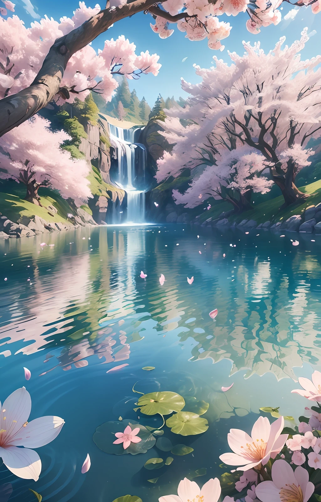Masterpiece, best quality, (very detailed CG unity 8k wallpaper) (best quality), (best illustration), (best shadows) Critters Vibrant colors, water, natural beauty, peaceful oasis , cherry blossom tree, petals floating in the air, blue sky wonderland ray tracing, ultra-detailed --v6
