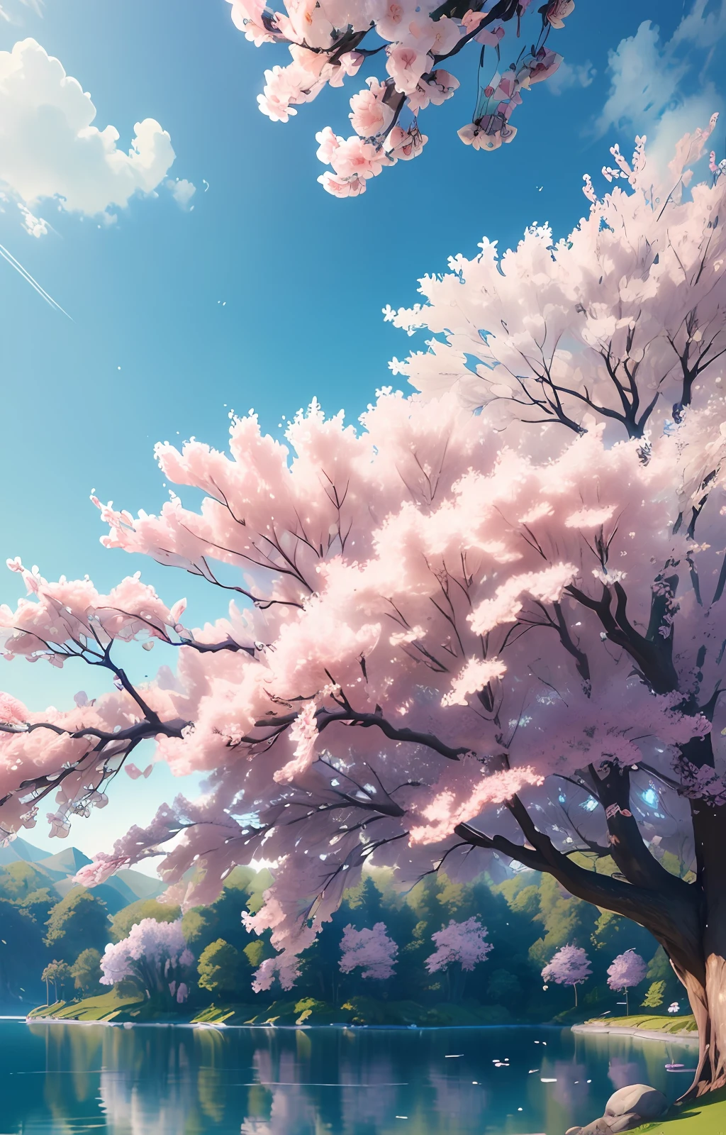Masterpiece, best quality, (very detailed CG unity 8k wallpaper) (best quality), (best illustration), (best shadows) Critters Vibrant colors, water, natural beauty, peaceful oasis , cherry blossom tree, petals floating in the air, blue sky wonderland ray tracing, ultra-detailed --v6