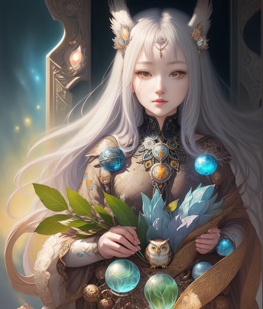 Owl, realistic, vector, full body mosaic metal crystal decoration, glowing neon eyes, white eye hair covered with crystal charms, fantasy, sunlight, sunshine, intricate details. 8k, dreamy, surreal, symmetrical, soft lighting, popular on art tables, intricate details, highly detailed, unrealistic engine, by ross tran, wlop, artgerm and james jean, Brian Froud , art illustration by Miho Hirano, Neimi Kanani, oil on canvas by Aykut Aydoğdu, heavy brush strokes, paint dripping