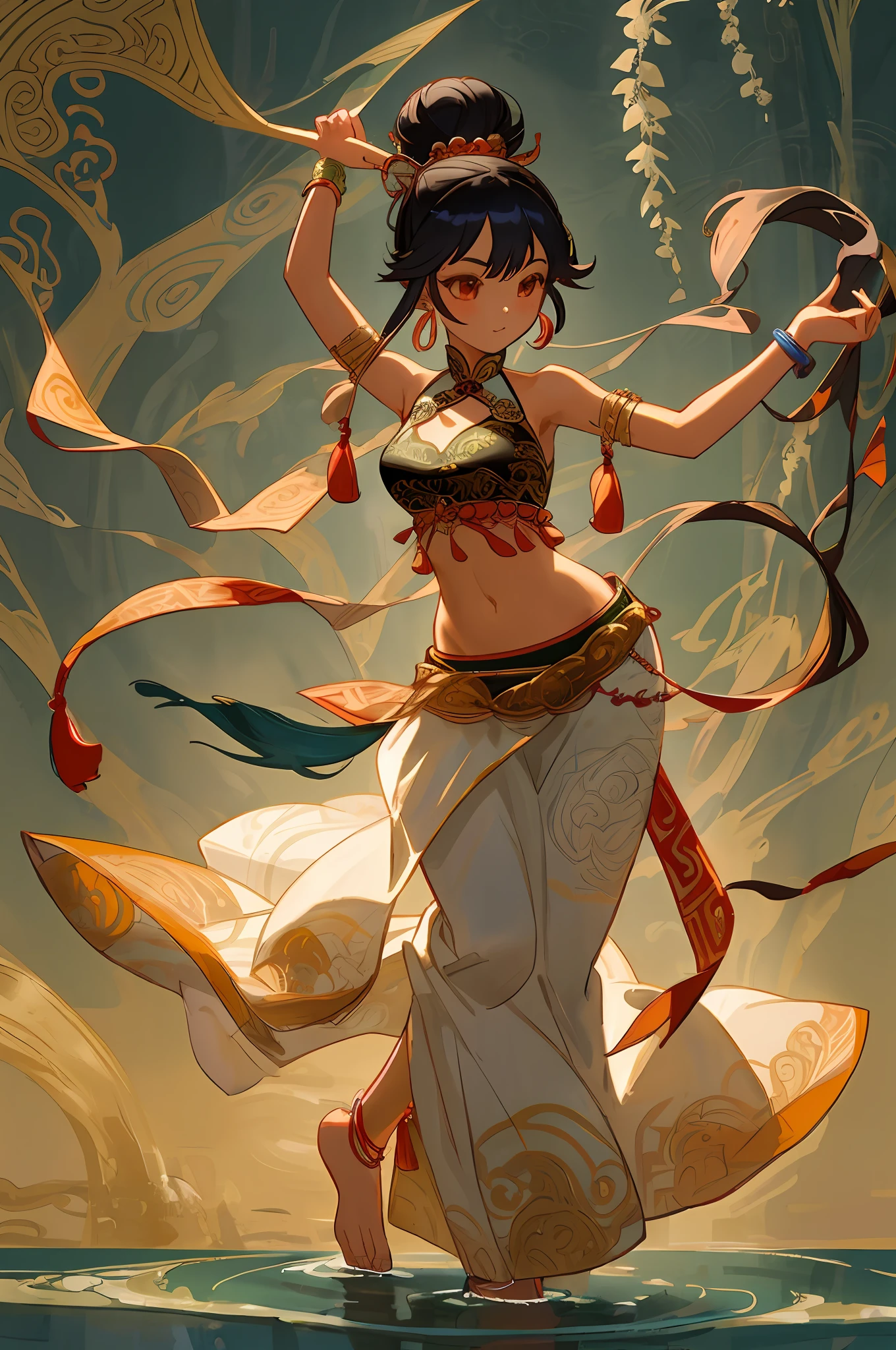 An ancient Chinese beauty stands and dances on the water, gorgeous costumes embroidered with intricate embroidery, flowing tulle, transparent long colorful ribbons tied on the arms, inspired by Dunhuang Flying Apsaras murals, showing navel, bare shoulders, bare neck, Black curly hair in a high bun with flower hairpins, ribbons on arm rings, wreaths, bracelets, anklets, metal chain tassels on the waist, Mogao Grottoes art, ink painting, cgstation pop