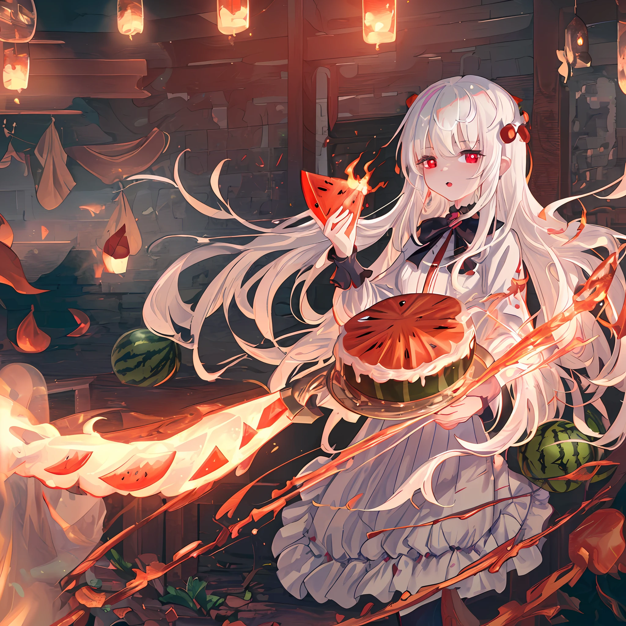 (extremely detailed CG unity 8k wallpaper,masterpiece, best quality, ultra-detailed), extremely detailed fire magician loli, no clothes, cake cream on the skin, white hair and red pupils, mysterious and sexy, holding a flame and devouring half A watermelon, like an artifact. Keep your eyes on the watermelon, highlighting the presence of the watermelon.