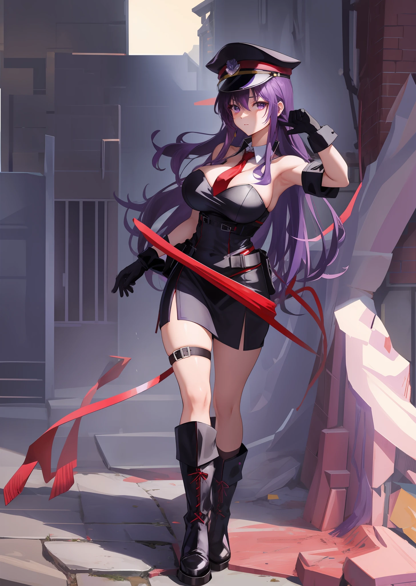 Purple long hair, plump youthful face, black police cap, red tie, purple tight low-cut dress, purple long gloves, black leather boots, strapless thighs, , anime style, stone prison, full body
