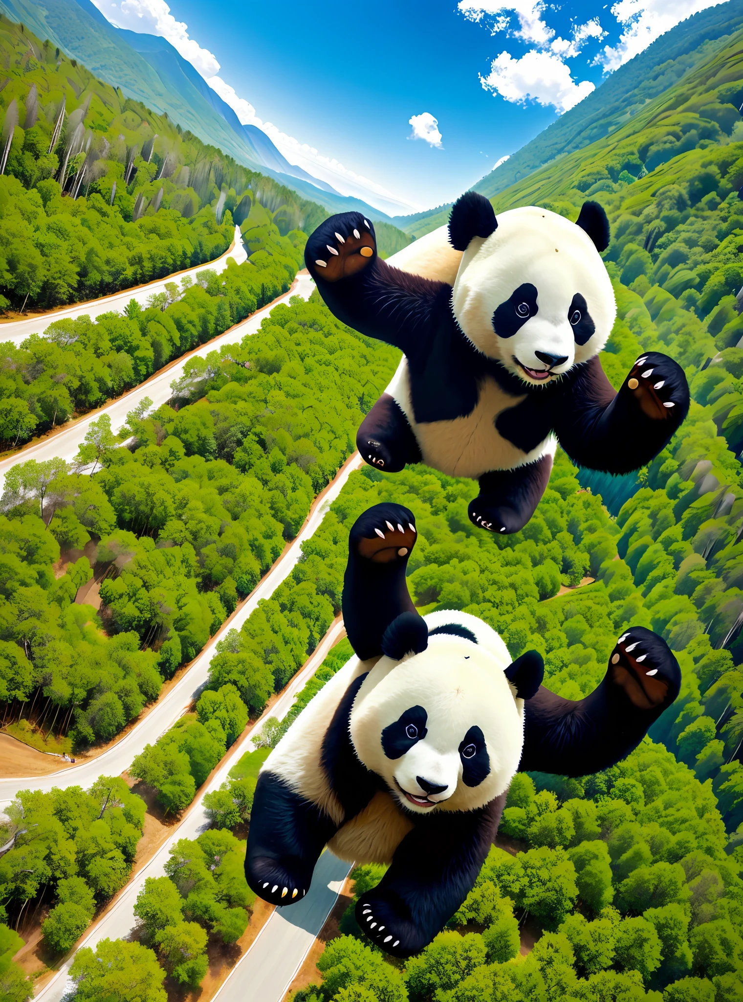 Extreme sports photography, skydiving, a ((giant panda)) is falling from high altitude, cute giant panda, thrilling and nervous, selfie medium shot, bird's eye view, sea, forest, lake, bamboo forest, high texture, realistic effect