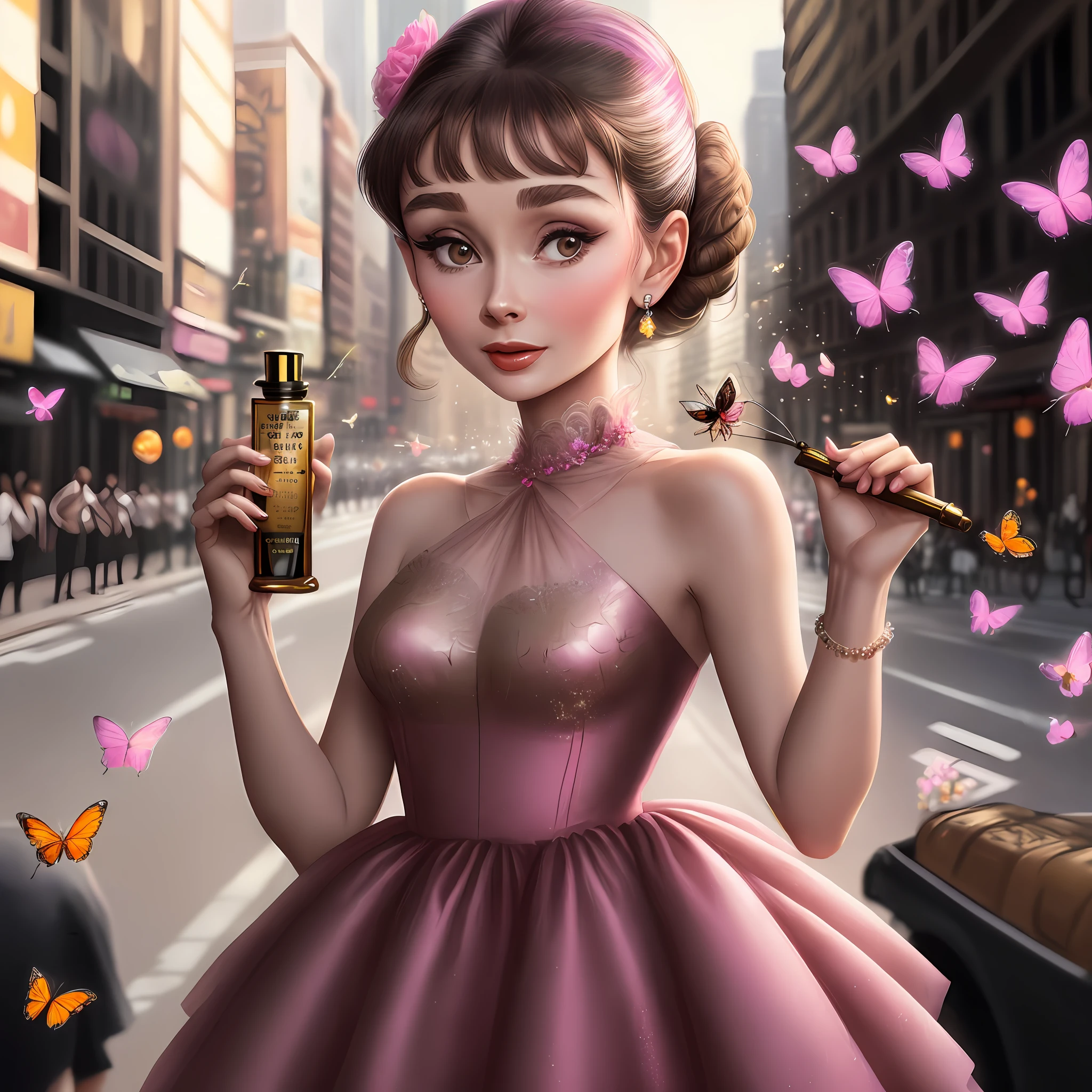 Audrey Hepburn, real person, perfume, pink dress, wearing olive branch, advertisement, holding perfume in right hand, lowering head to smell perfume, highlighting perfume, sexy dress, New York street background, colorful, attracting bees and butterflies, (brightly colored color, dynamic lighting: 1.0)